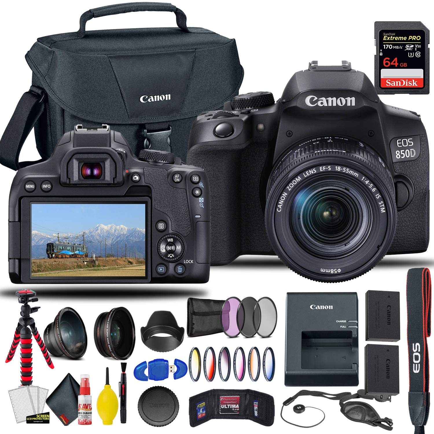 Canon EOS Rebel T8i/850D DSLR Camera Bundle with 18-55mm Lens, Extra Battery, Filter Kit, Camera Bag & Sandisk Extreme Pro 64GB Memory Card - Perfect for Travel Photography, Vlogging & Professional Shooting