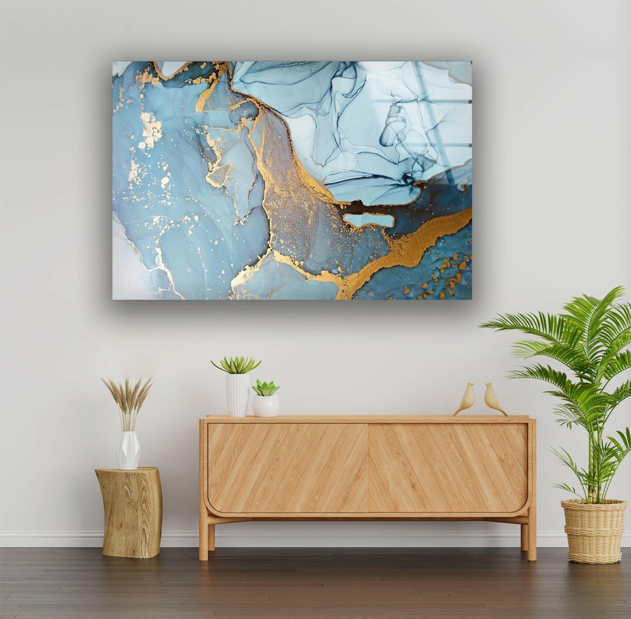 Handmade Aquamarine Alcohol Ink Stained Glass Wall Art - Blue Ocean Themed Abstract Painting for Home & Office Decor