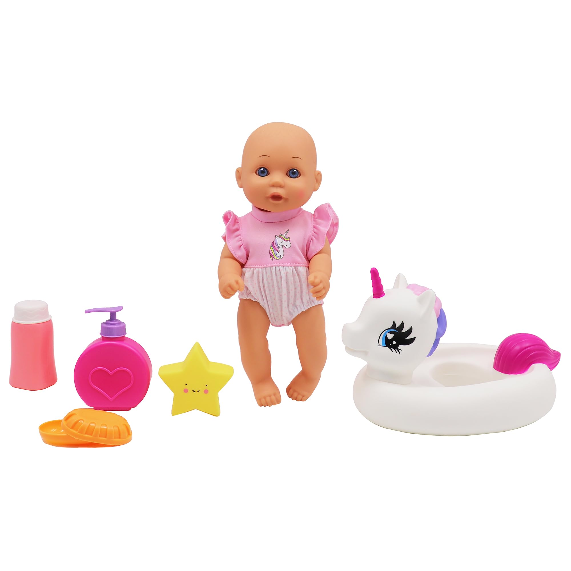 Dream Collection Water Baby Doll in Unicorn Floater - Realistic Pretend Play Toy with Posable Soft Body, Star Accessories & Soap Case - Perfect for Bath Time, Pool Play & Imaginative Role Play (12 Inches)