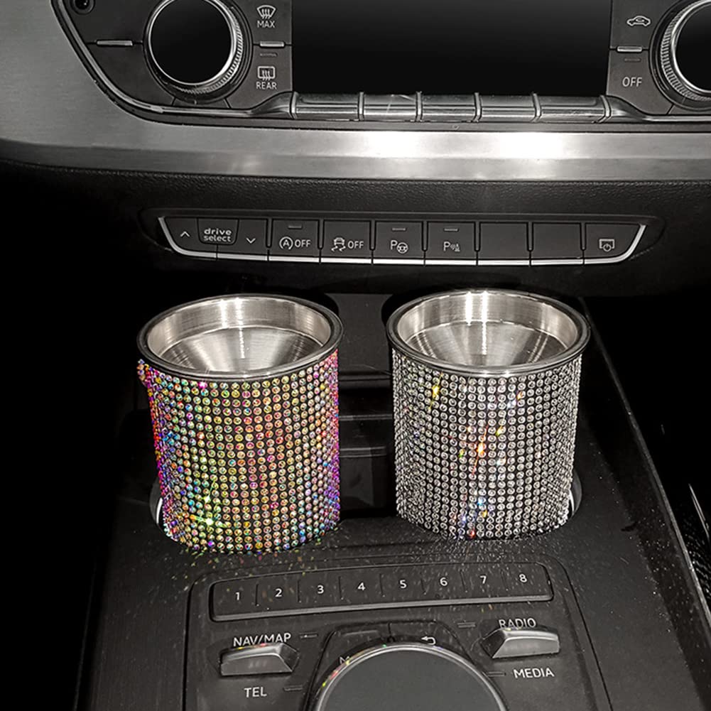 Bling Diamond Car Ashtray with Lid - Portable Mini Cup Holder Trash Can, Detachable Stainless Steel Smokeless Ash Tray with Shiny Crystal Rhinestones, Stylish Car Accessories for Women, Perfect for Road Trips and Daily Commutes
