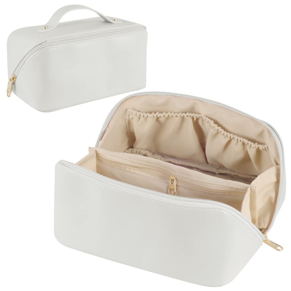 Large Capacity Leather Travel Makeup Bag for Women - Portable Cosmetic Organizer with Multiple Pockets, Waterproof & Roomy Design for Travel, Gym, and Daily Use - White