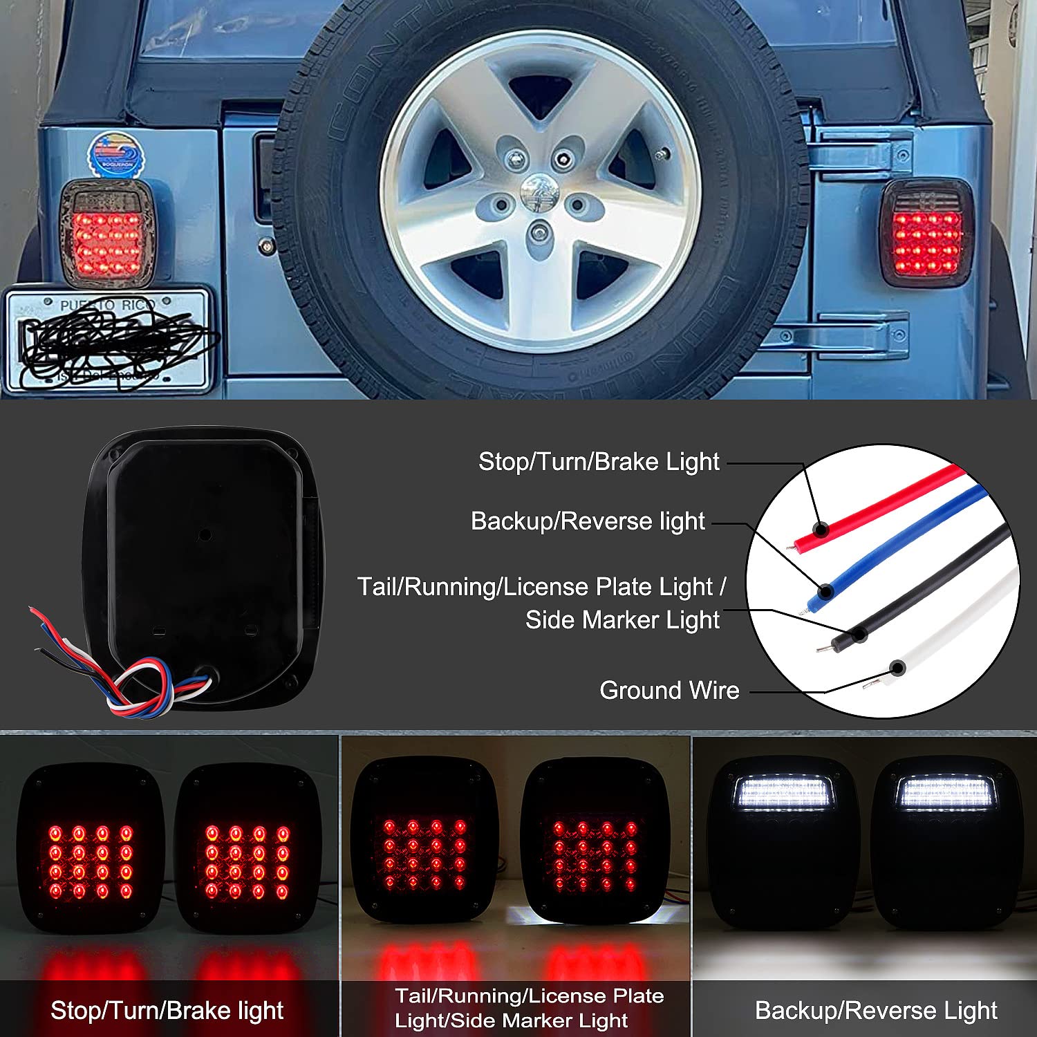 2Pcs Smoked Rear Square LED Tail Lights - Red Stop Turn Signal Brake Lamps with Side Markers - Replacement for 1979-2006 Jeep Wrangler TJ YJ CJ-5 CJ-7 - Perfect for Off-Roading & Night Driving Safety