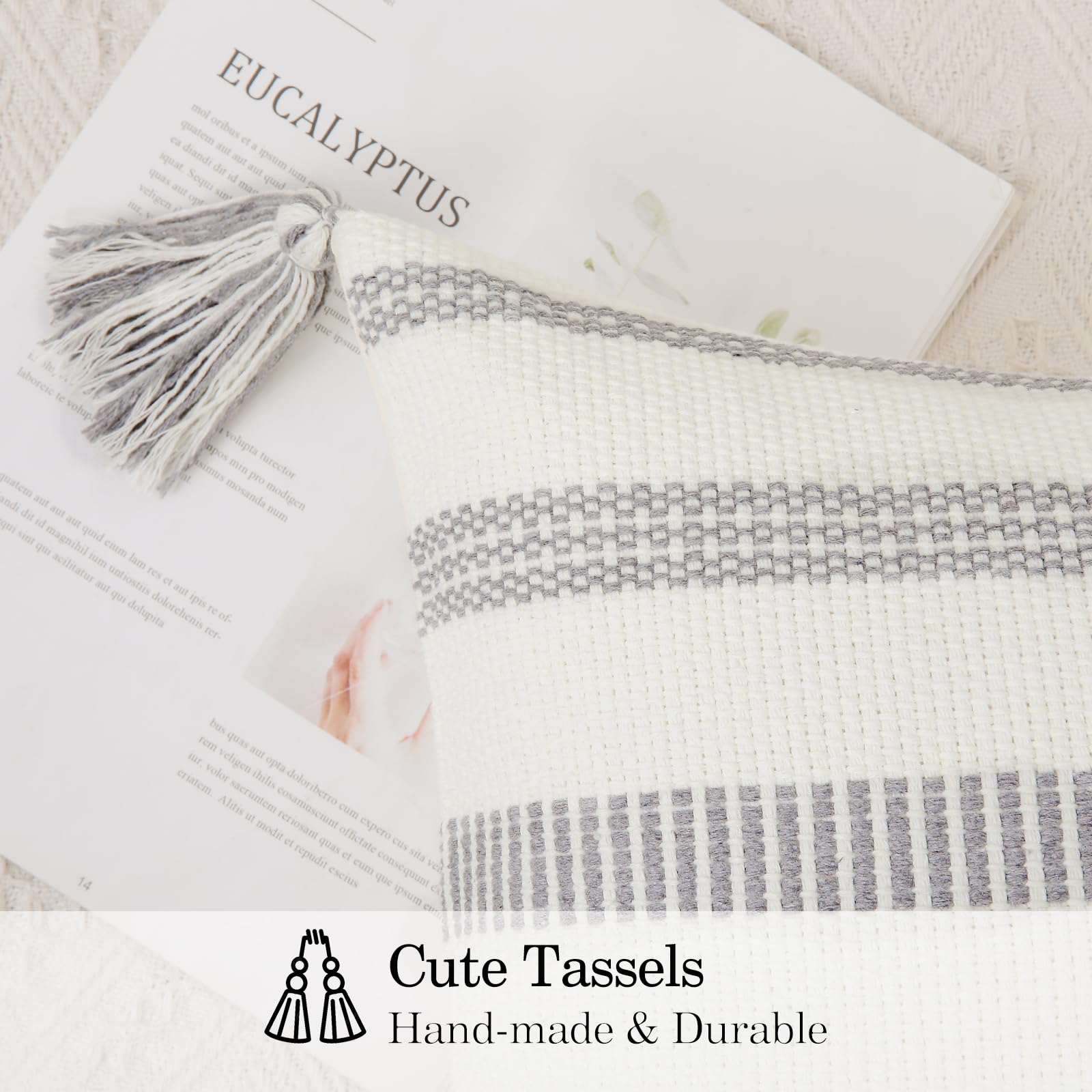 Smile Bee Spring Boho Outdoor Throw Pillow Covers Set of 2 - Decorative Woven Striped Cushion Covers with Tassels for Couch, Bed & Sofa (20x20 Inch, Grey & Cream White) - Perfect for Living Room, Patio & Boho Home Decor
