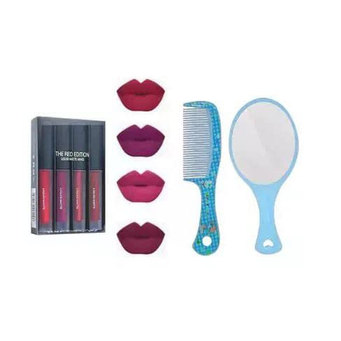 Hand Mirror & Hair Comb Set with 6 Liquid Matte Mini Lipsticks - Red Edition (6ml Each) | Perfect for Travel, Makeup Bags & Gifts