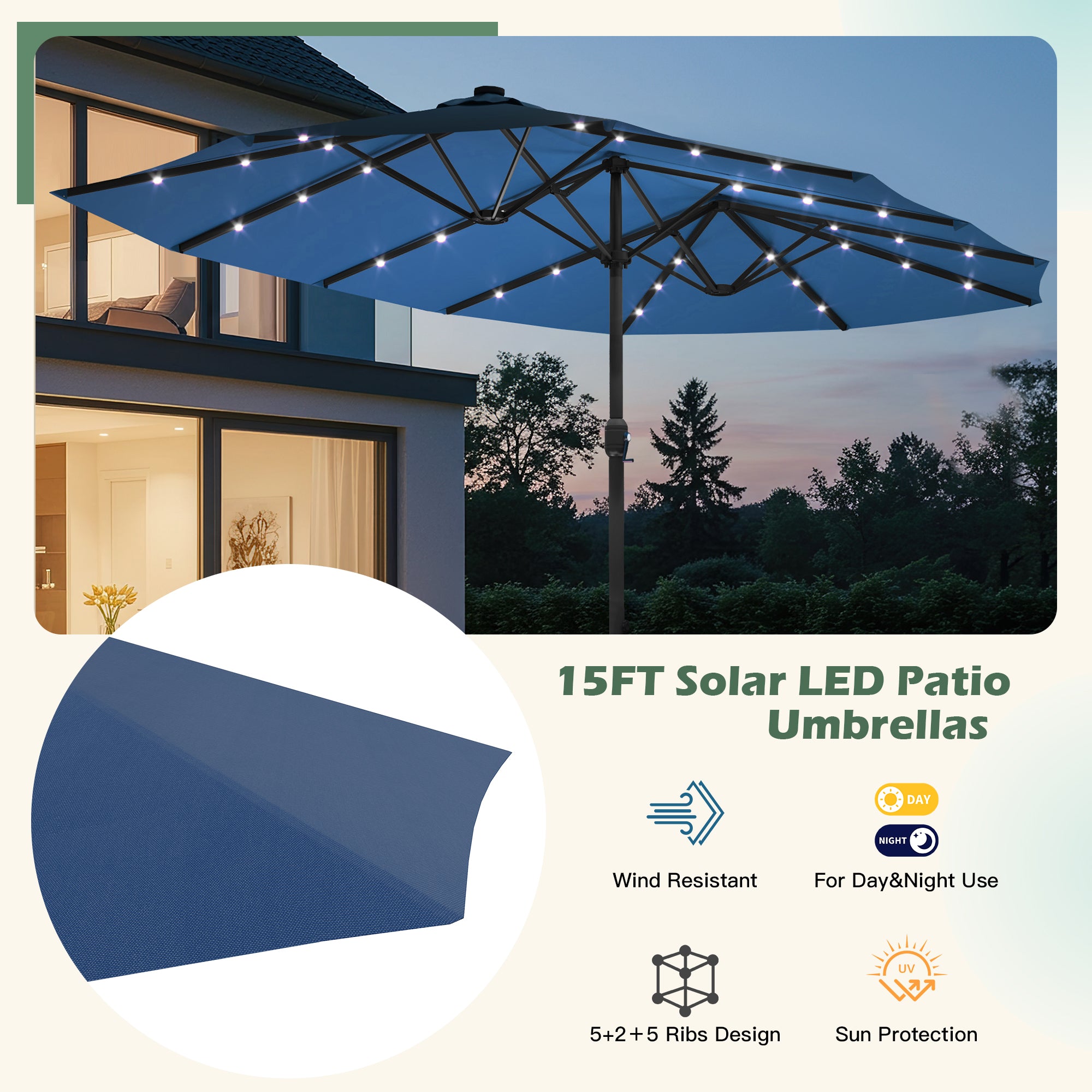EROMMY 15×9 ft Double Sided Outdoor Patio Umbrella with LED Lights - Navy Blue Waterproof Sun Shade for Poolside, Backyard, and Garden Relaxation