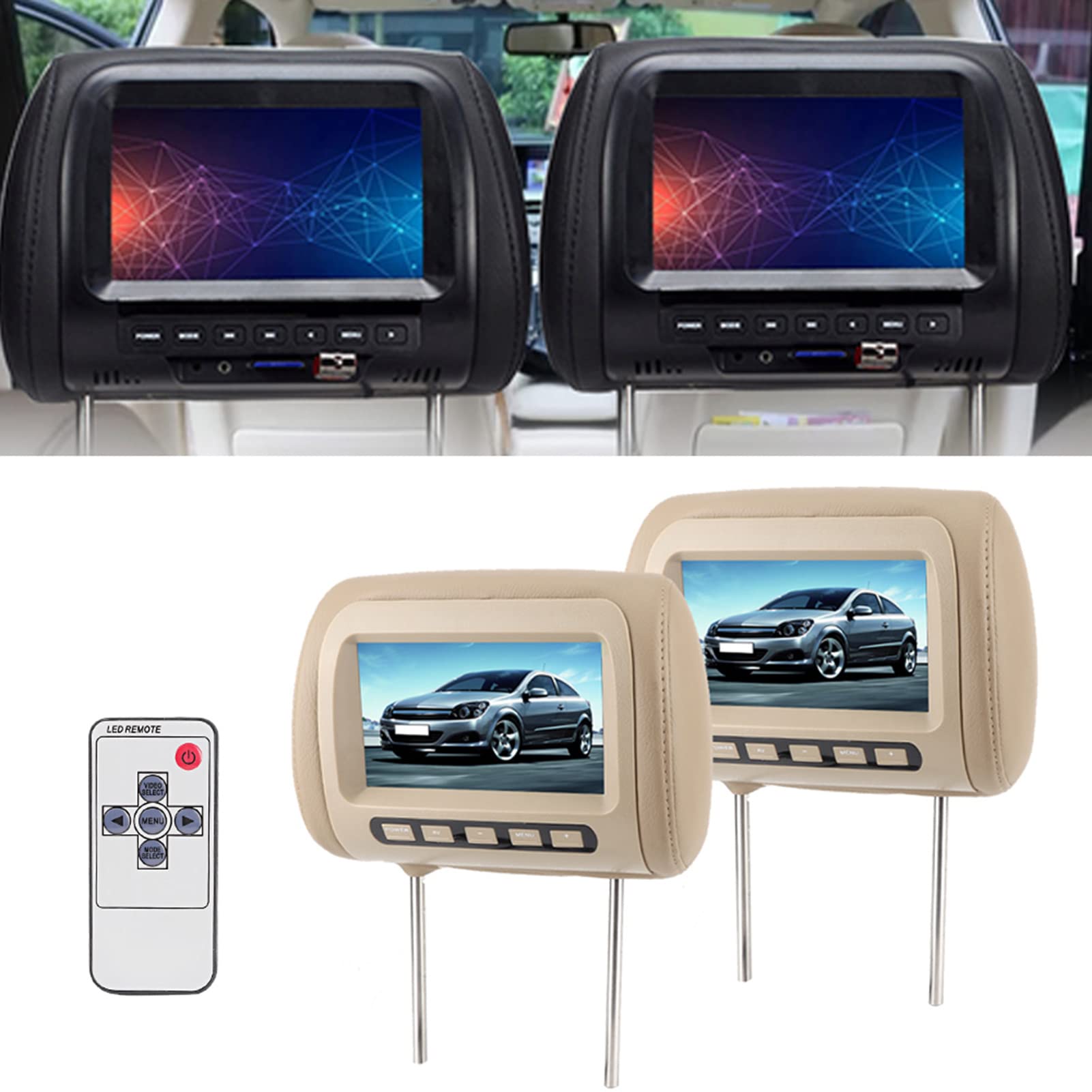 2 Pack Universal 7-inch HD Car Headrest LCD Video Player - MP5 Display with Remote Control, Brown - Perfect for Long Road Trips & Family Travel Entertainment