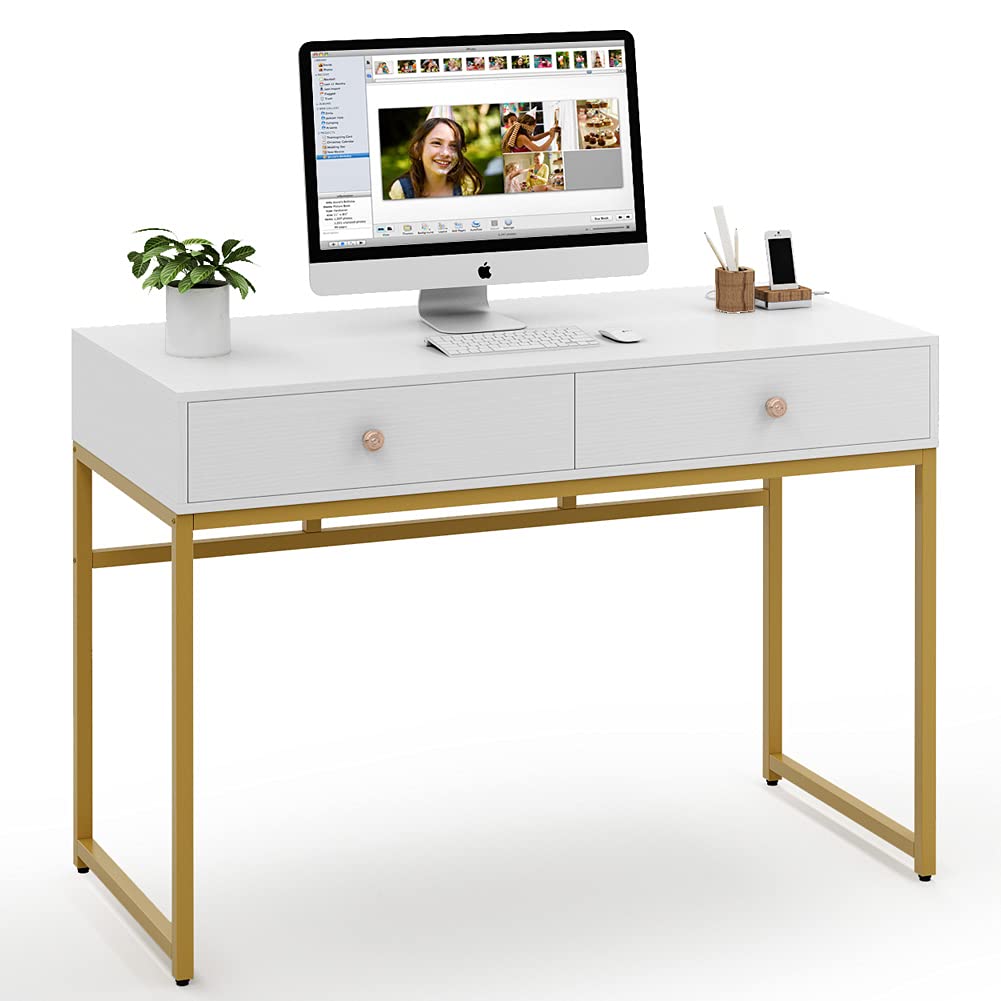 Tribesigns 47-inch Modern Computer Desk with 2 Storage Drawers - Home Office Desk, Study Table, Writing Desk & Makeup Vanity in White & Gold | Perfect for Small Spaces, Gaming Setup & Work from Home