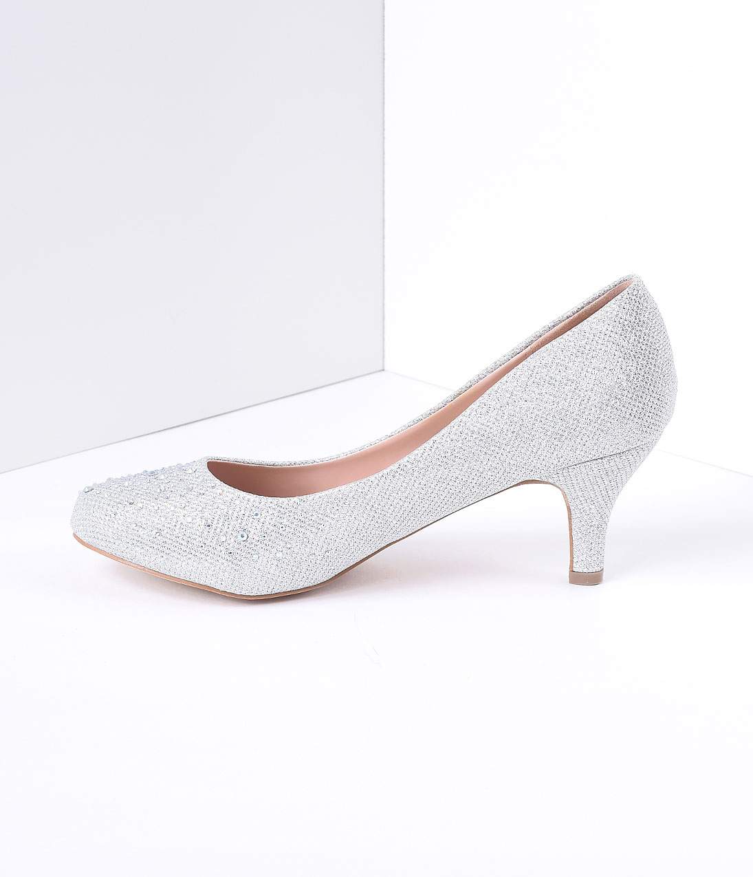 Silver Metallic Rhinestone Doris Kitten Heels - Elegant Women's Dress Shoes for Parties, Weddings & Special Occasions