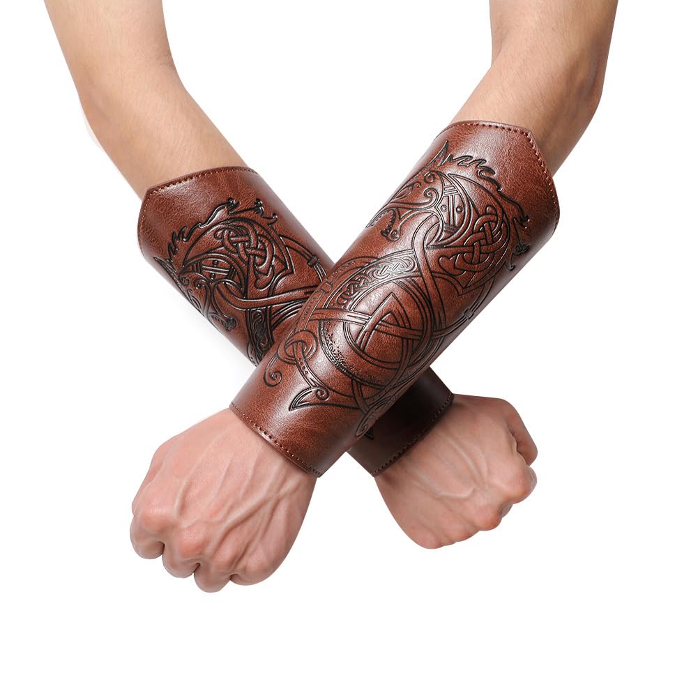Medieval Leather Bracers for Men - Dragon Embossed Viking Armor Cuffs - Handmade Leather Arm Guards for LARP, Cosplay, Renaissance Fairs & Historical Reenactment