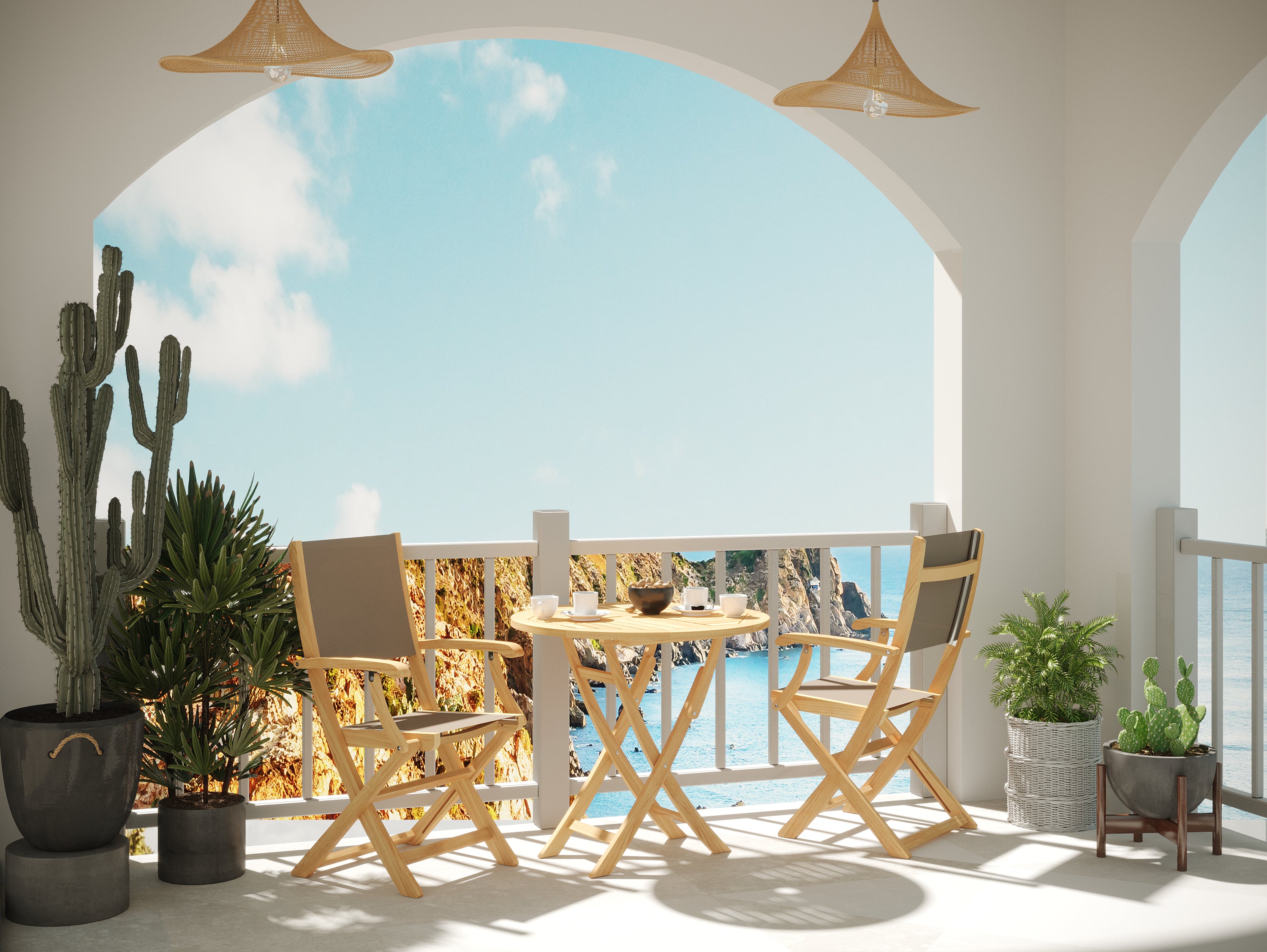 Premium 3-Piece Round Teak Outdoor Bistro Set with Folding Table & Armchairs - Taupe Patio Furniture for Garden, Balcony & Backyard Dining