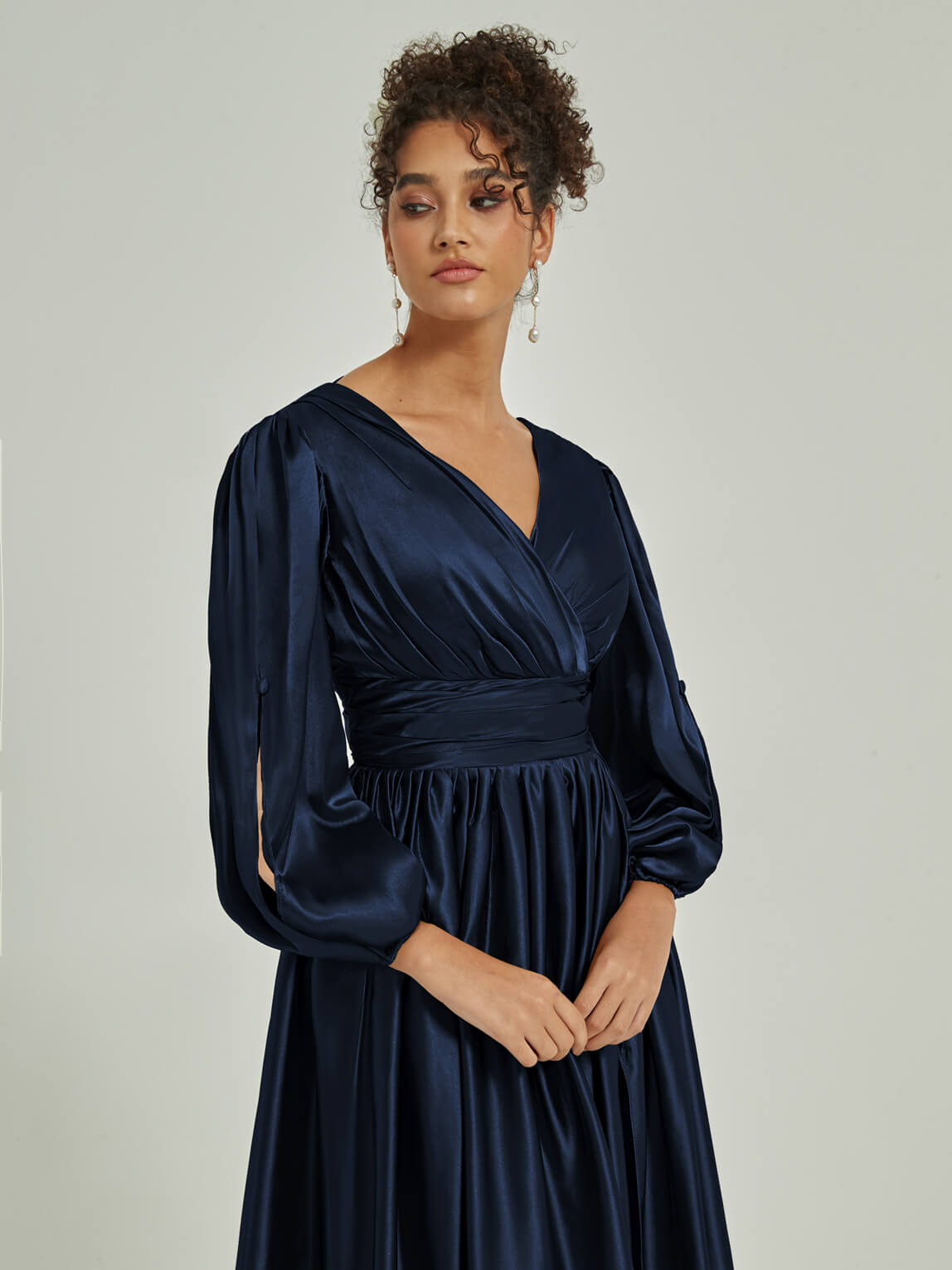 Elegant Dark Navy Satin Bridesmaid Dress with 3/4 Sleeves, V-Neck & Slit Pleated Design - Perfect for Weddings, Formal Events & Special Occasions