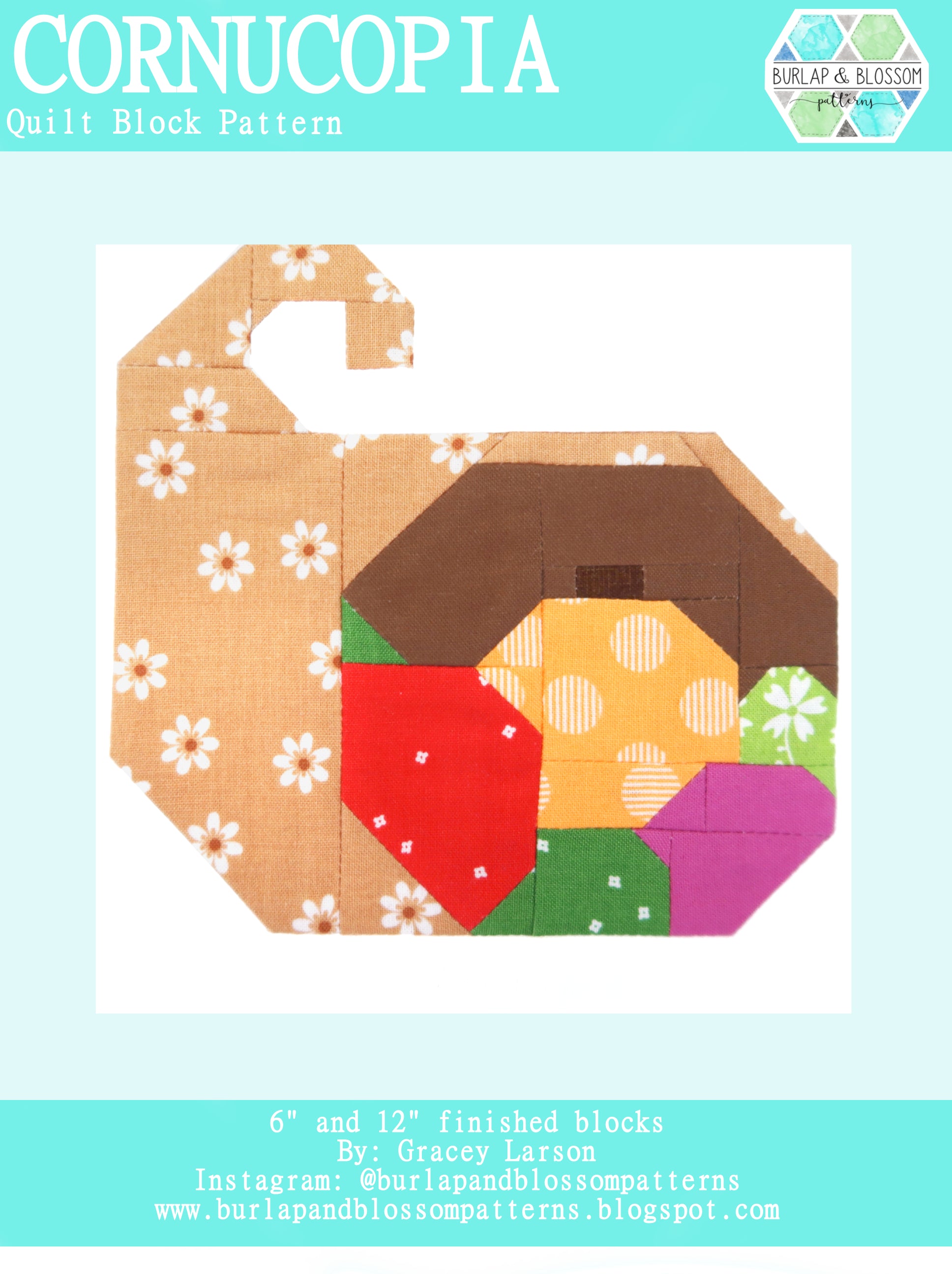Burlap and Blossom Cornucopia Quilt Block Pattern - Digital Download PDF for Thanksgiving, Fall Harvest & Farmhouse Decor