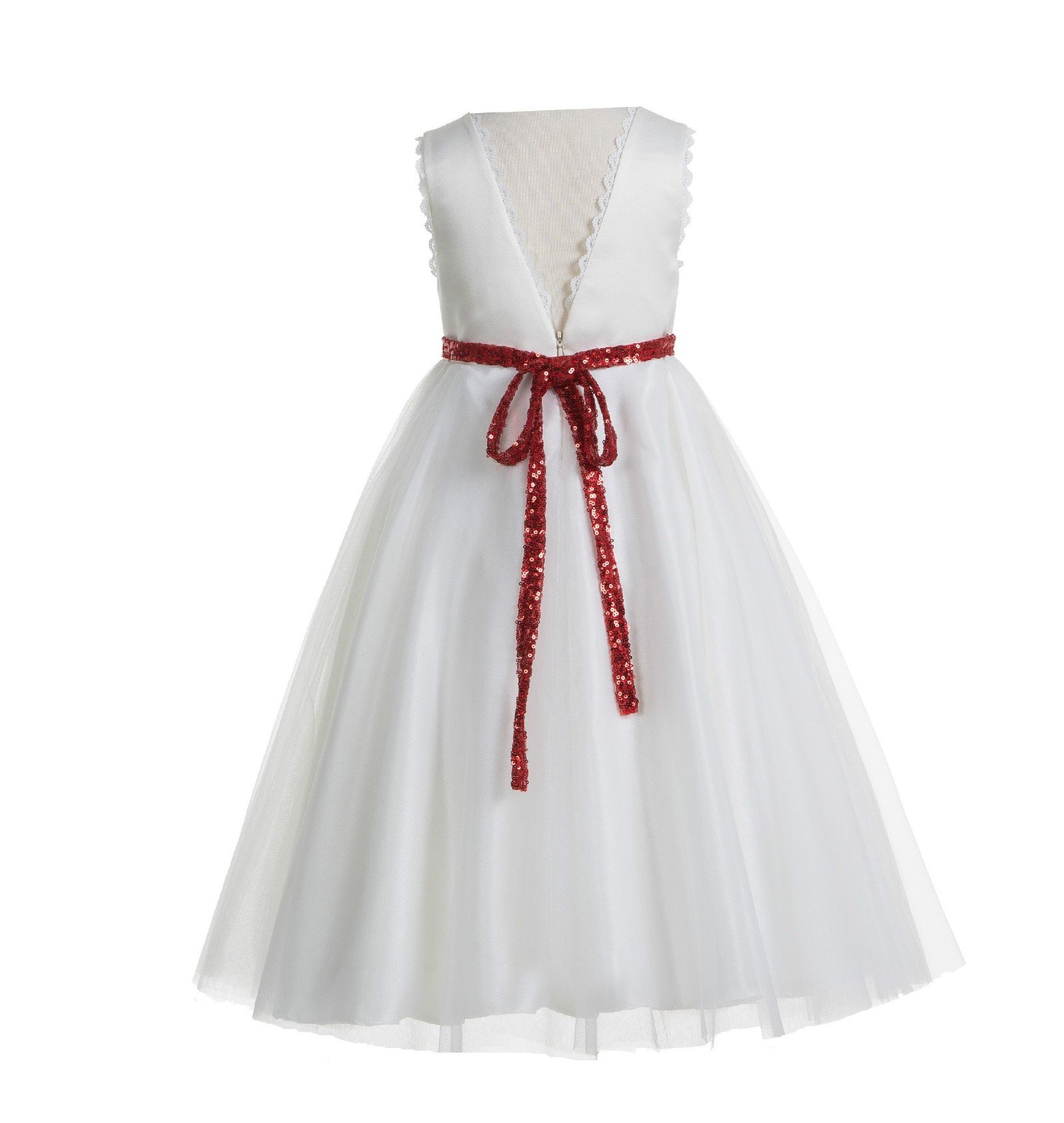 Elegant V-Back Lace Edge White Flower Girl Dress for Communion & Baptism - Junior Bridesmaid Dress for Weddings, Church Ceremonies & Special Occasions