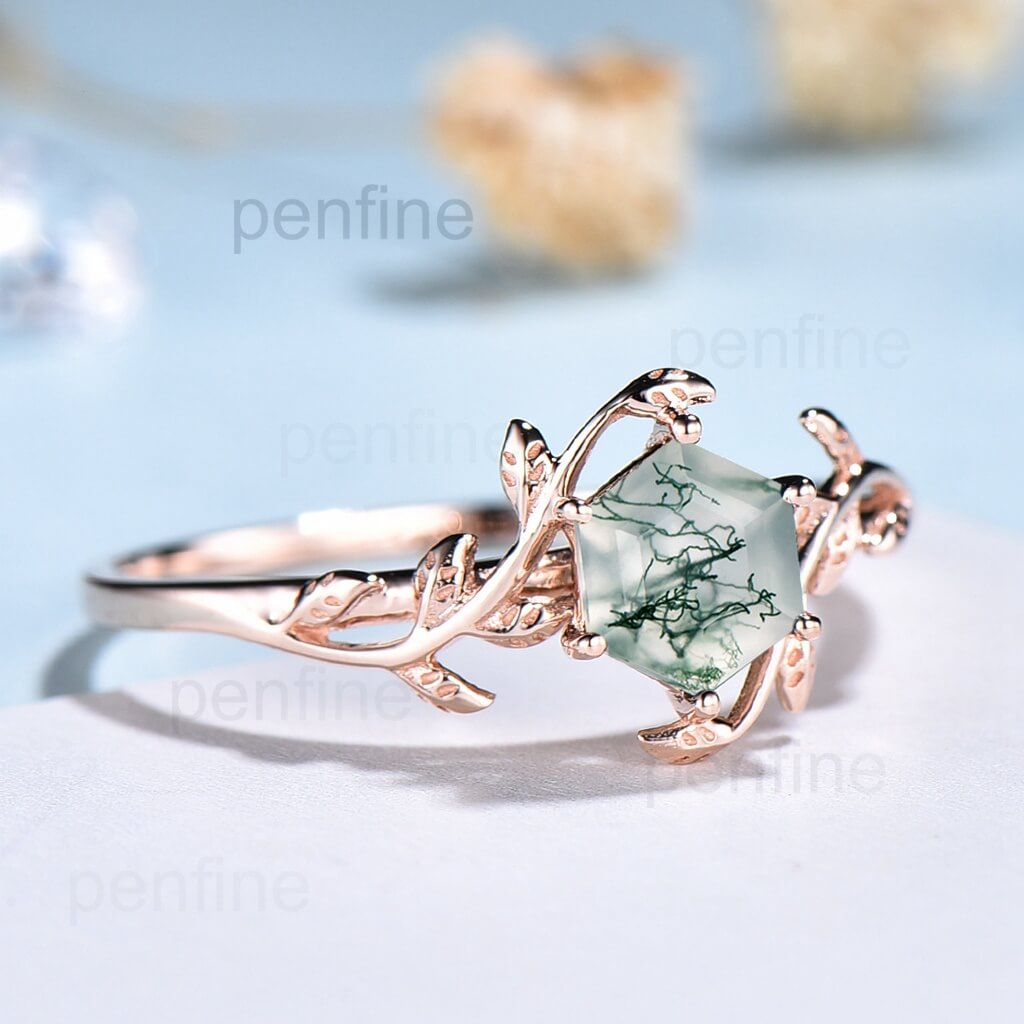 Hexagon Moss Agate Engagement Ring for Women - Solitaire Leaf Flower Design - Perfect for Wedding, Proposal & Anniversary Gifts