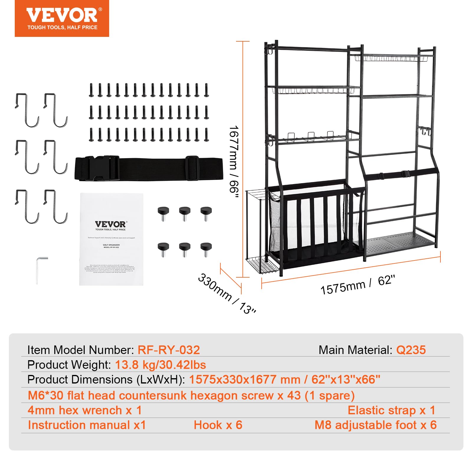 VEVOR Golf Bag Organizer Stand - Heavy Duty Golf Bag Storage Rack with Hooks for Sports Equipment, Toys & Gear - Perfect for Garage, Basement & Club Storage Organization