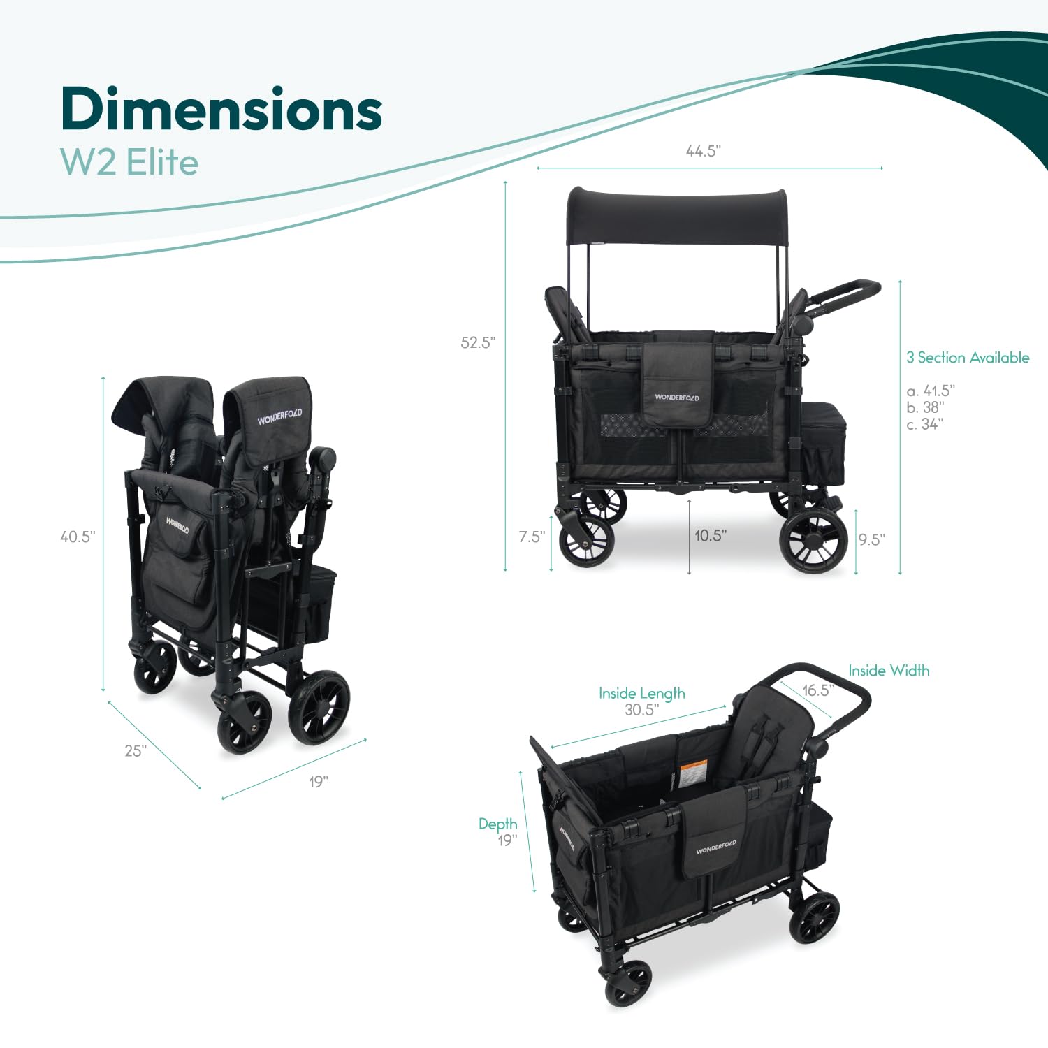 **Wonderfold W2 Elite Stroller Wagon – 2-Seater Collapsible Wagon Stroller with 5-Point Harness, Adjustable Push Handle & Sun Canopy – Elite Black – Perfect for Family Outings, Beach Trips & Shopping**