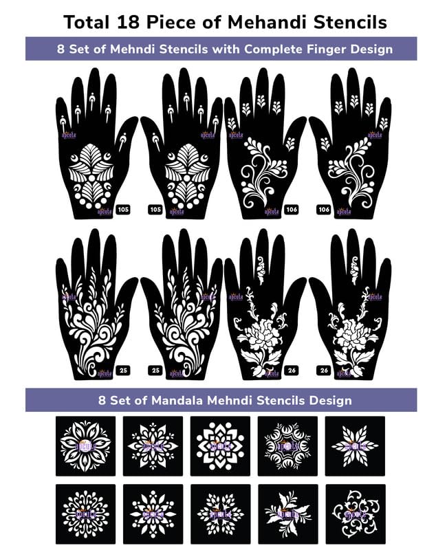 Apcute 18-Piece Henna Tattoo Stencil Kit for Hands & Feet - Easy DIY Mehndi Design Stickers for Women, Girls & Kids - Quick Application & Reusable (18PC-105-106-25-26) - Perfect for Weddings, Festivals & Parties