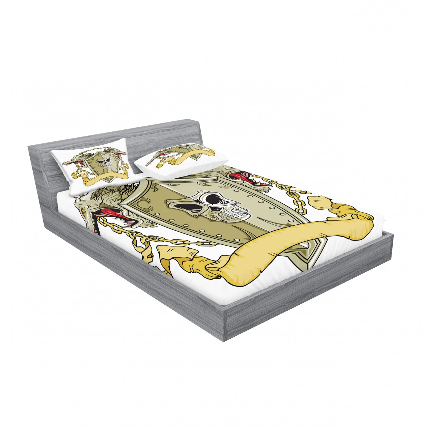 Ambesonne 2-Piece Full Size Fitted Sheet Set with 4 Pillow Shams - Yellow & White Medieval Dragon Shield Design - Soft Bedding Collection for Guest Rooms, Dorms & Themed Decor