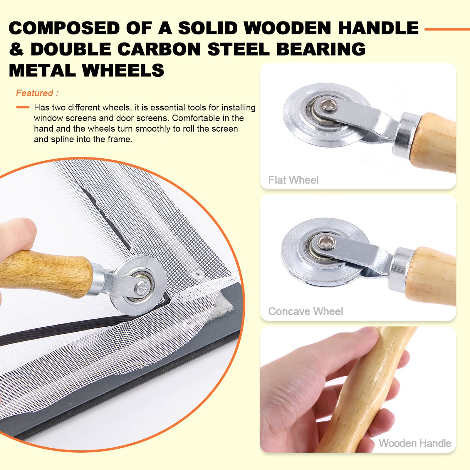 Tanstic 5-Piece Spline Rolling Tool Set - Heavy Duty Double Carbon Steel Wheels Screen Retainer Roller for Window & Door Screen Installation - Perfect for DIY Home Repair and Mesh Replacement Projects