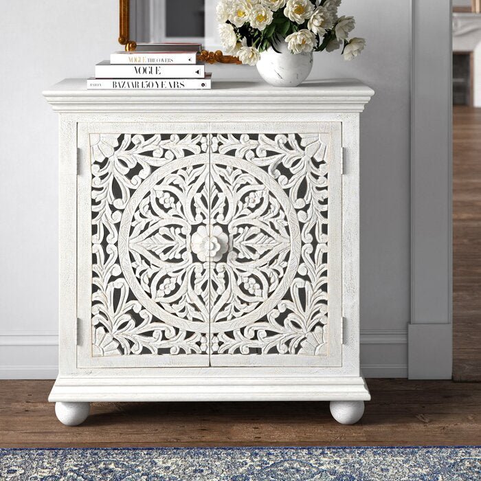 Hand Carved Solid Wood Two Door Accent Cabinet - White Distressed Finish | Rustic Farmhouse Storage Cabinet for Living Room, Bedroom & Entryway