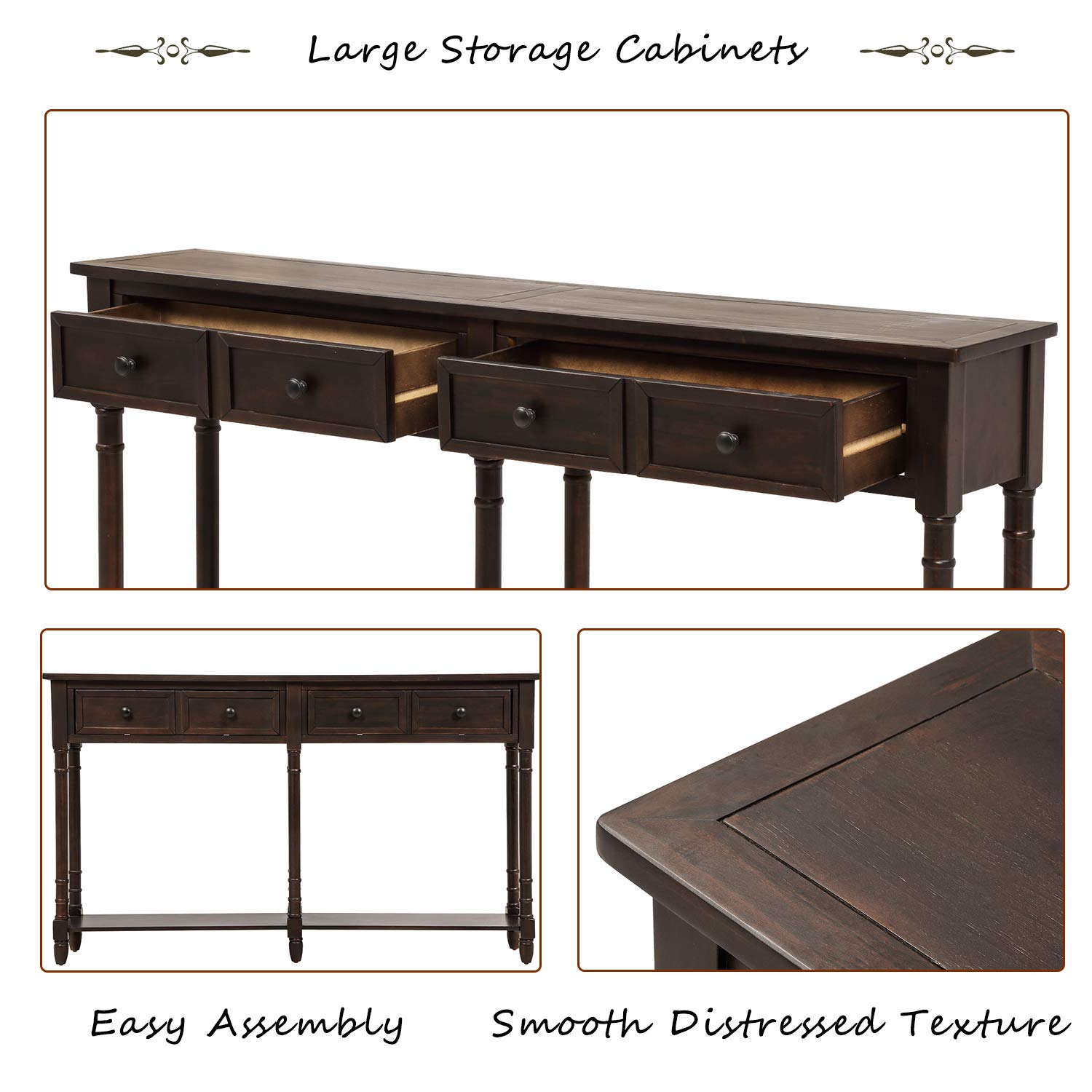 Rustic Espresso Console Table with 2 Large Drawers & Bottom Shelf - Entryway Sofa Table, Buffet Sideboard for Living Room, Hallway & Dining Room Storage Solution