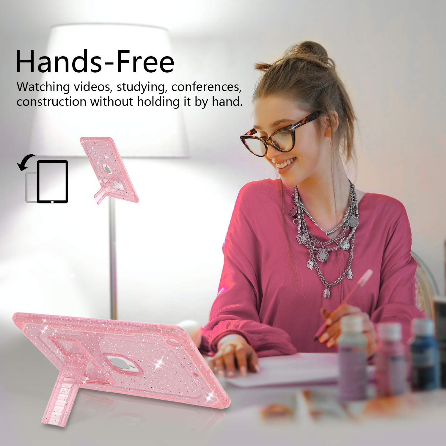 Pink Glitter iPad Air 2 Case - Slim Full-Body Protective Cover with Screen Protector & Stand for iPad 6th/5th Gen (2017/2018) & 9.7-inch iPad - Perfect for Women & Girls at School, Work or Travel