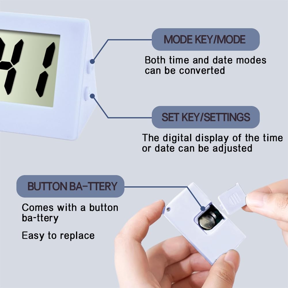 Mini Car Clock with LCD Time & Day Display - Auto Dashboard Accessory for Home & Vehicle (White)