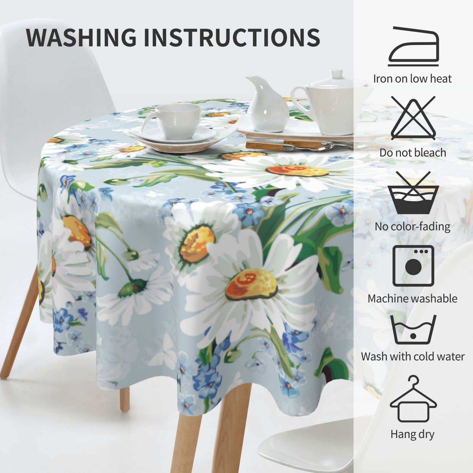 White Blue Daisy Floral Tablecloth with Butterfly Print - Waterproof Round Polyester Table Cover 60 Inch for Kitchen Dining Wedding Party - Spring Decor for Indoor & Outdoor Use