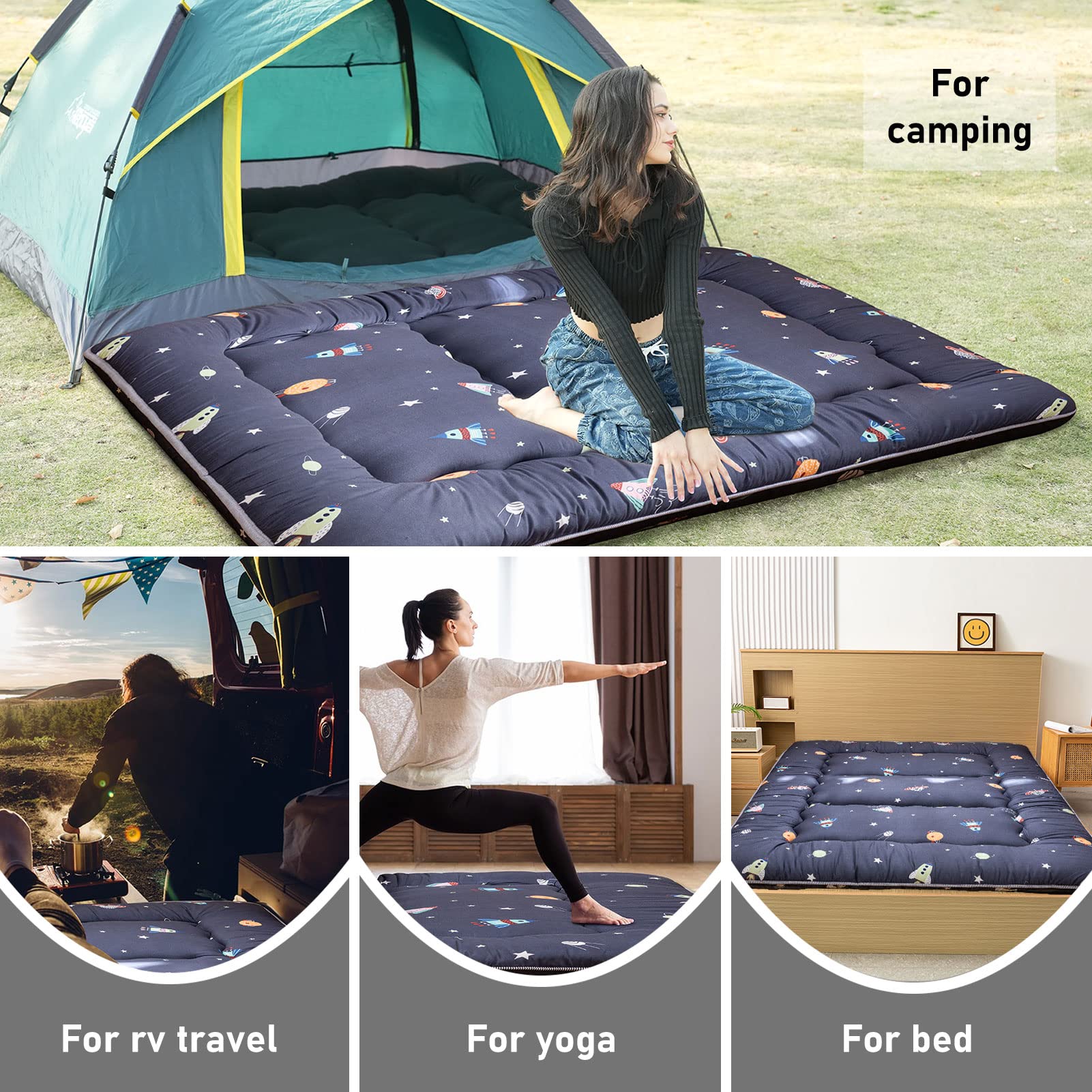 YOSHOOT Navy Blue Japanese Thick Foldable Futon Floor Mattress for Adults - Full Size Space Saving Floor Bed with Canvas Storage Bag - Perfect for Camping, Guest Beds & Small Apartments