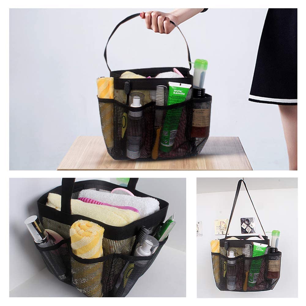 KAIAIWLUO Mesh Shower Caddy Organizer - Portable Quick-Dry Shower Tote Bag with 8 Pockets & Carry Handle for Gym, Travel, Swimming, Camping - Perfect for Bathroom Storage & Toiletries Organization (Black)