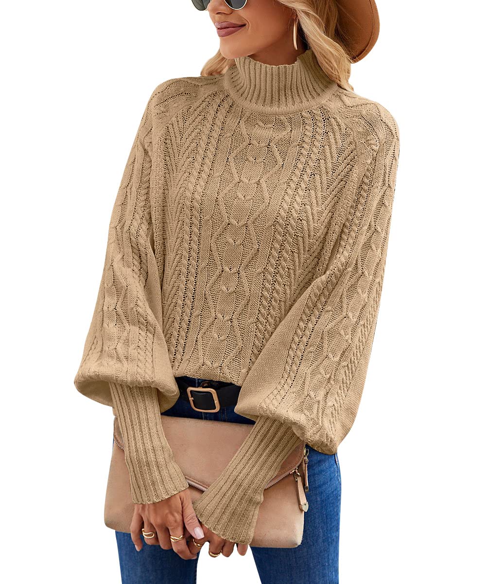 GeGekoko Women's Turtleneck Sweater - Soft Cable Knit Pullover Jumper Top with Lantern Sleeves | Cozy Winter Wear for Office, Dating & Casual Outfits