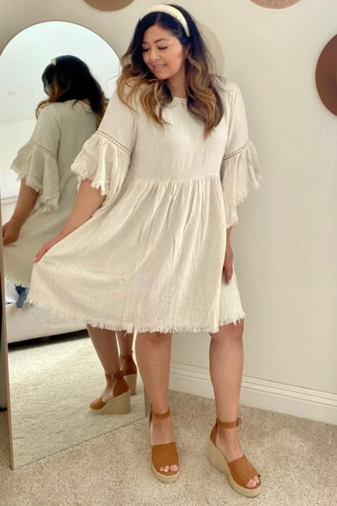 Beige Raw Edge Bell Sleeve Babydoll Dress for Women - Boho Chic Lace Trim Mini Dress - Perfect for Summer, Beach, Music Festivals & Date Nights