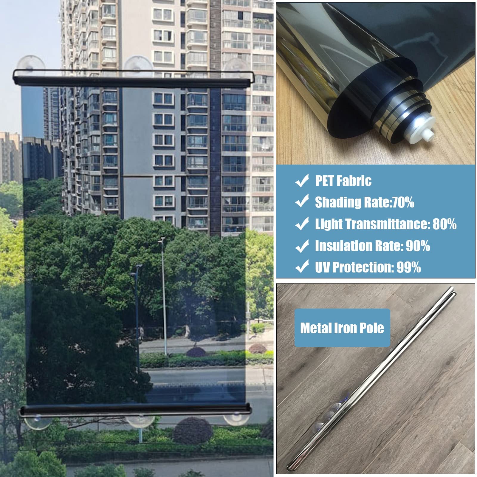 Blue One-Way Mirror Sun Shade Roller Blind with Suction Cups - Anti-UV Portable Window Cover Curtain for Home, Office & Car (83x150cm/32.6x59in) - Perfect for Privacy, Sun Protection & Temperature Control