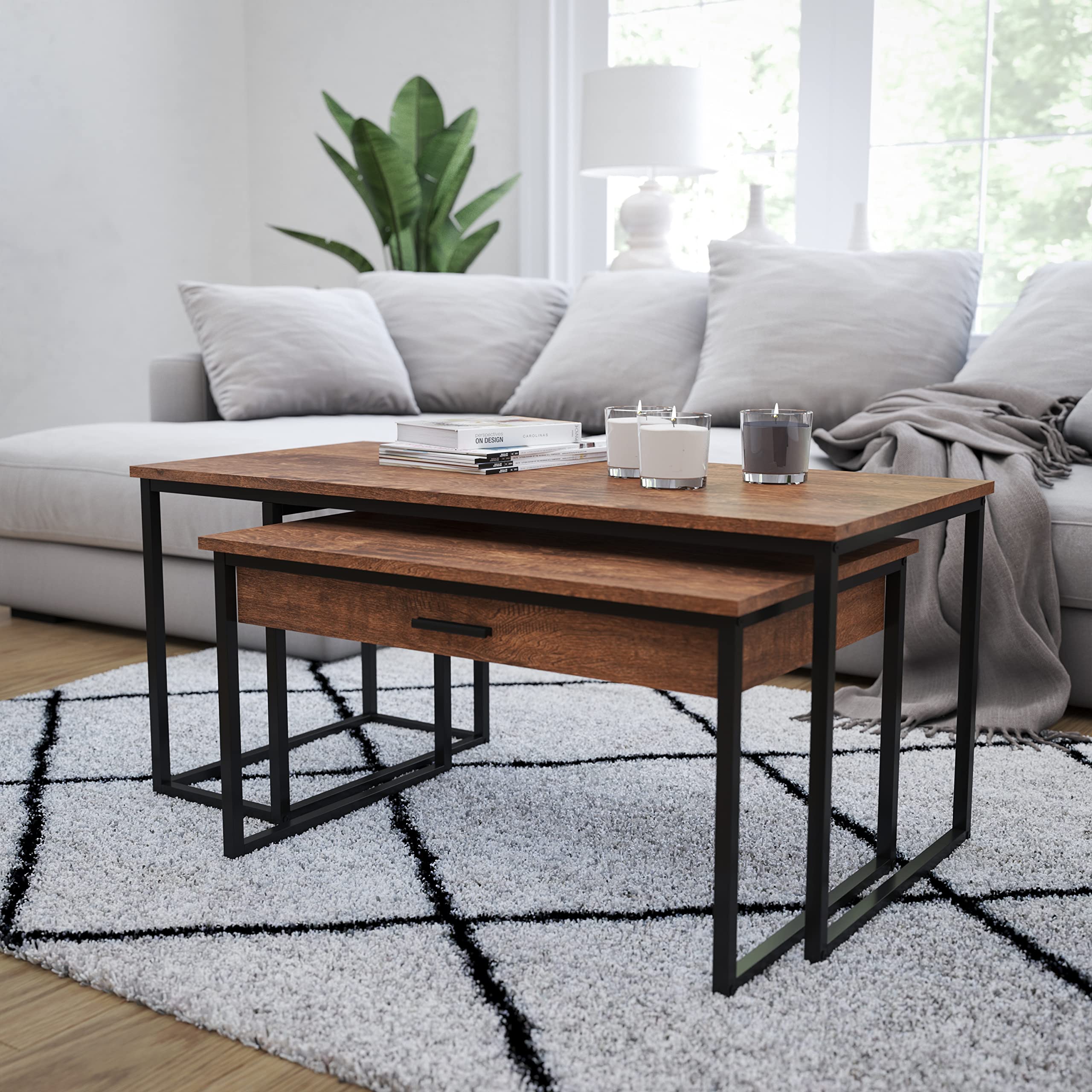 Merrick Lane Corsica 2-Piece Nesting Coffee Table Set with Storage - Walnut Wood Grain & Black Metal Frame - Perfect for Small Living Rooms, Apartments, and Modern Home Decor