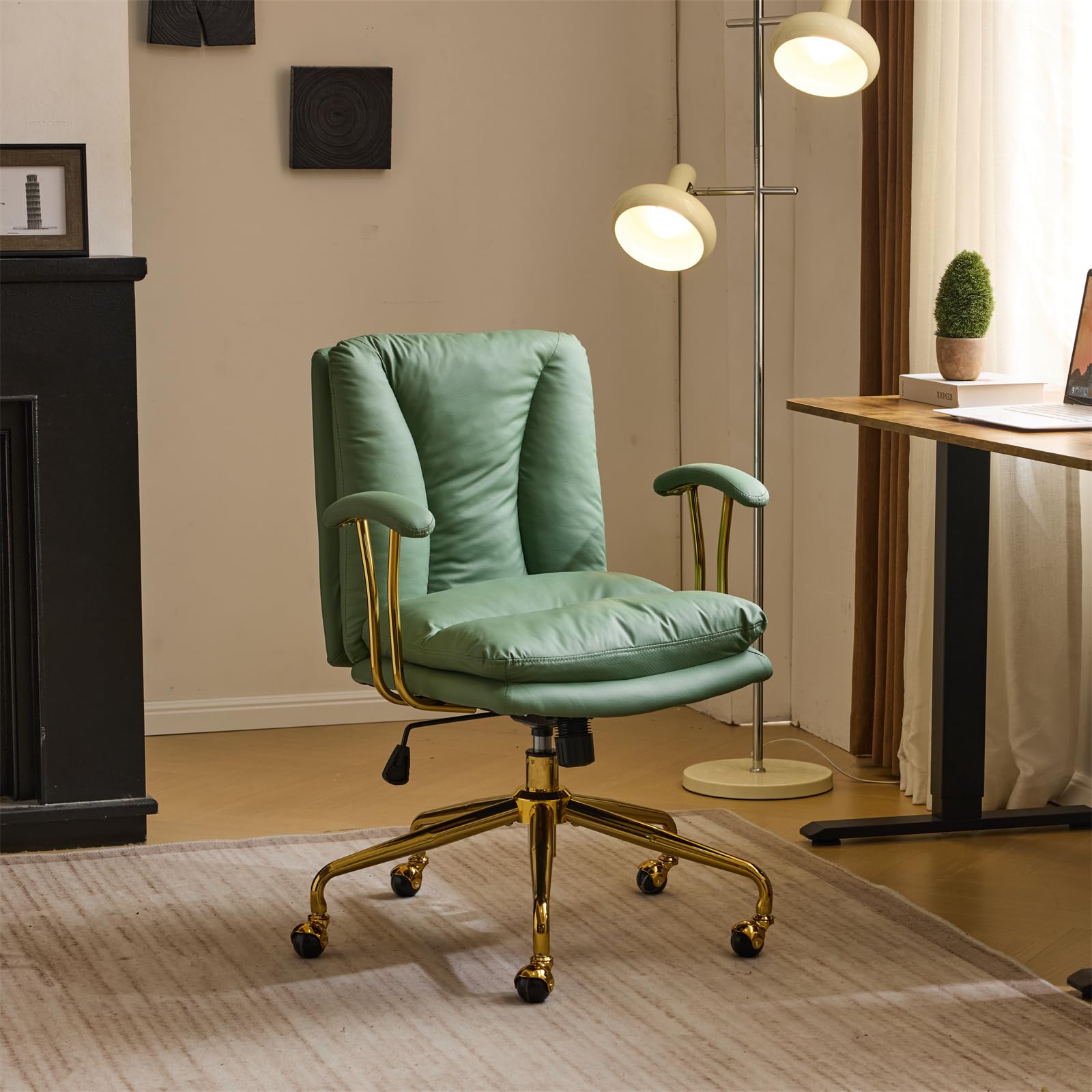VINGLI Ergonomic Home Office Chair with Wheels & Adjustable Height - Removable Armrests, Swivel Rolling Task Chair for Study, Makeup, Office - Gold Base, Green PU Leather (Cat Scratch Resistant) - Perfect for Small Spaces & Long Work Hours