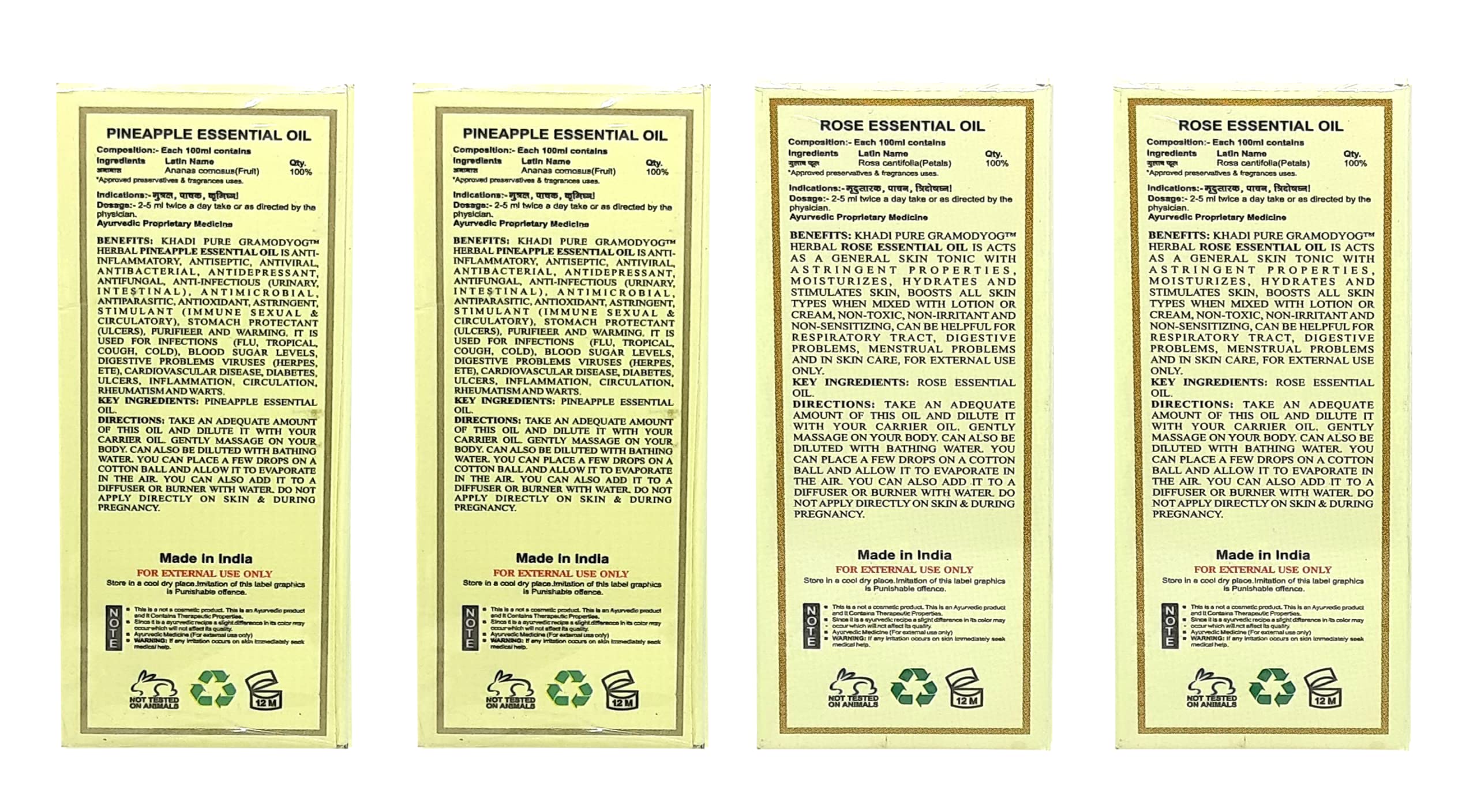 Khadi Pure Rose & Pineapple Essential Oil - 15ml (Pack of 4) for Aromatherapy, Massage & Skin Care | Natural Fragrance Oil for Diffusers, Bath & Relaxation