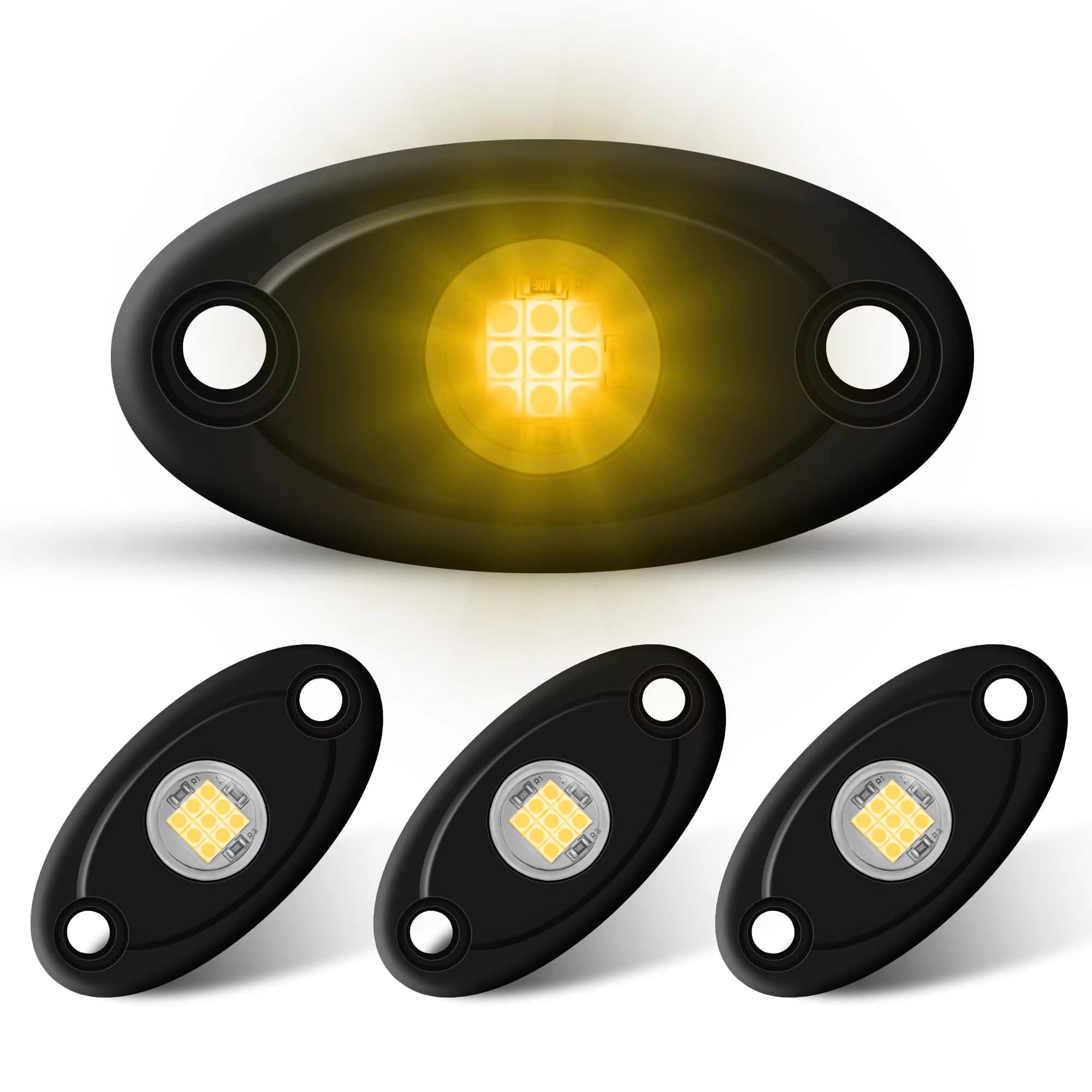 4Pods Amber Yellow LED Rock Lights - Waterproof Underglow Neon Lights for Cars, Trucks, ATV, UTV, SUV, Boats - Off-Road Trail Rig Lighting for Night Driving & Vehicle Customization