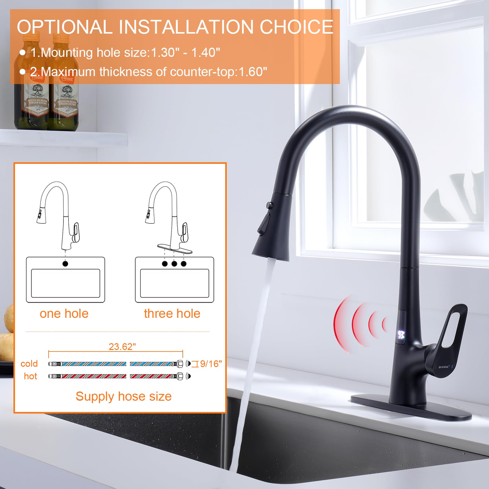 RUVIDA Matte Black Kitchen Faucet with Pull Down Sprayer - Single Handle Motion Sensor Sink Faucet with Deck Plate & 3 Spray Functions - Perfect for Commercial, Farmhouse, Camper, Laundry, and Home Kitchen Use