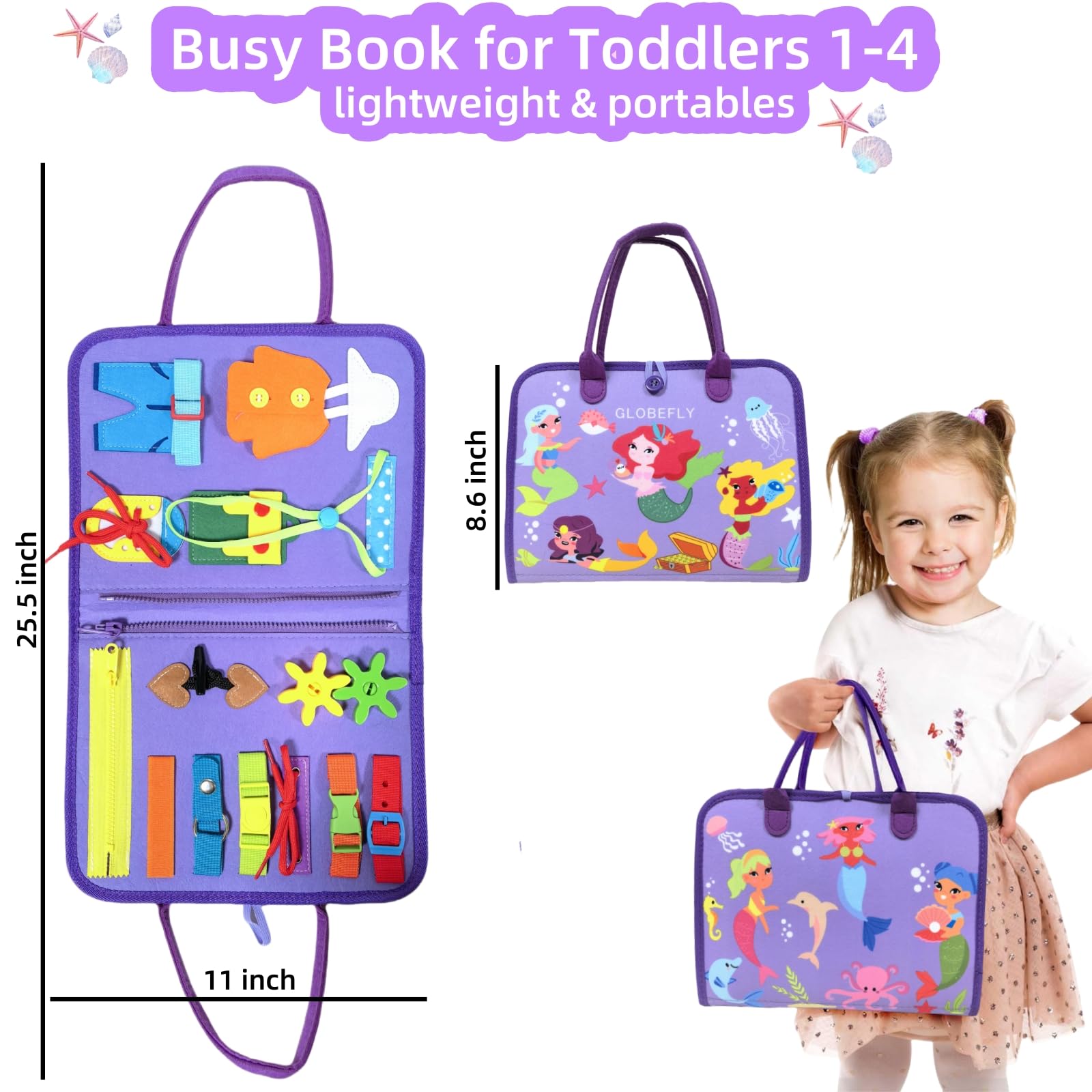 Montessori Busy Board for Toddlers 1-4 Years Old - Sensory Learning Toy with Buckles, Zippers & Locks - Educational Travel Activity for Boys & Girls - Perfect Birthday Gift for 1-3 Year Olds (Purple) - Great for Airplane, Car Rides & Quiet Playtime