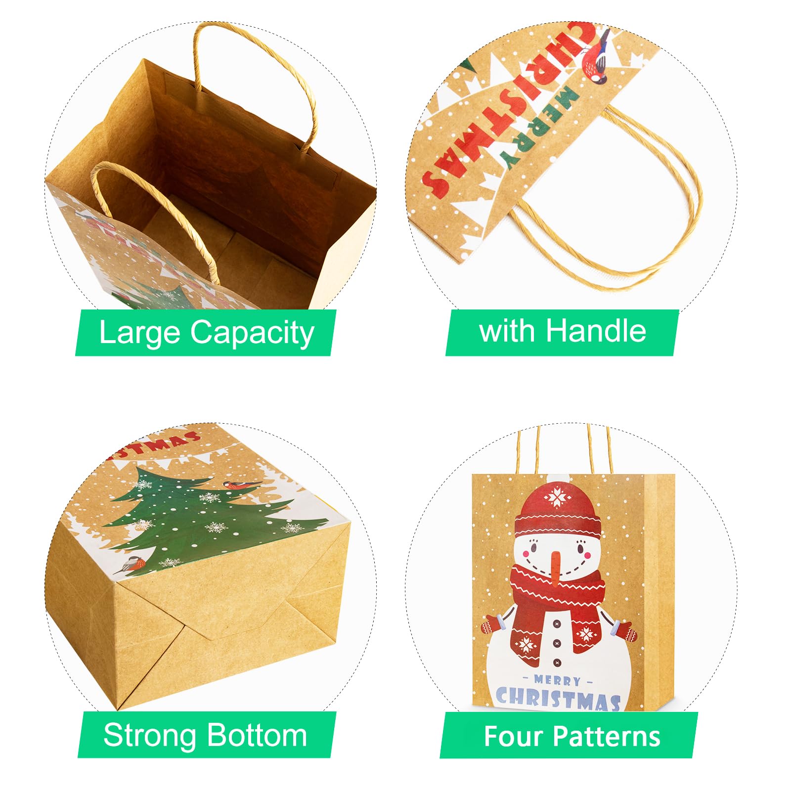 GINLEBO 24Pcs Christmas Gift Bags with Handles - 9x7x4 Inch Kraft Paper Holiday Gift Bags for Xmas Presents, Party Favors & Festive Celebrations | Perfect for Christmas Parties, Office Gifts & Holiday Wrapping