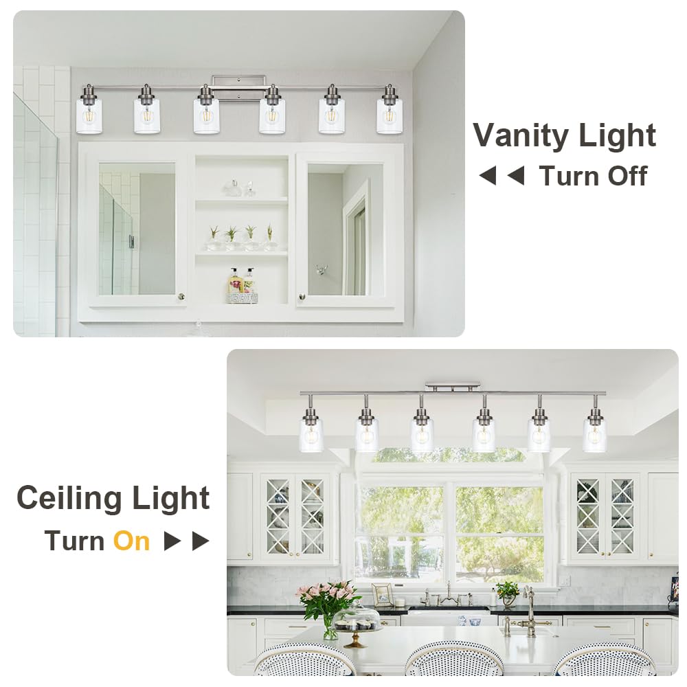 6-Light Brushed Nickel Track Lighting Fixture with Clear Glass Shade - Modern Semi-Flush Ceiling Spot Light for Bathroom Vanity, Mirror Cabinets, Kitchen & Living Room - Perfect for Ambient and Task Lighting in Home & Office Spaces