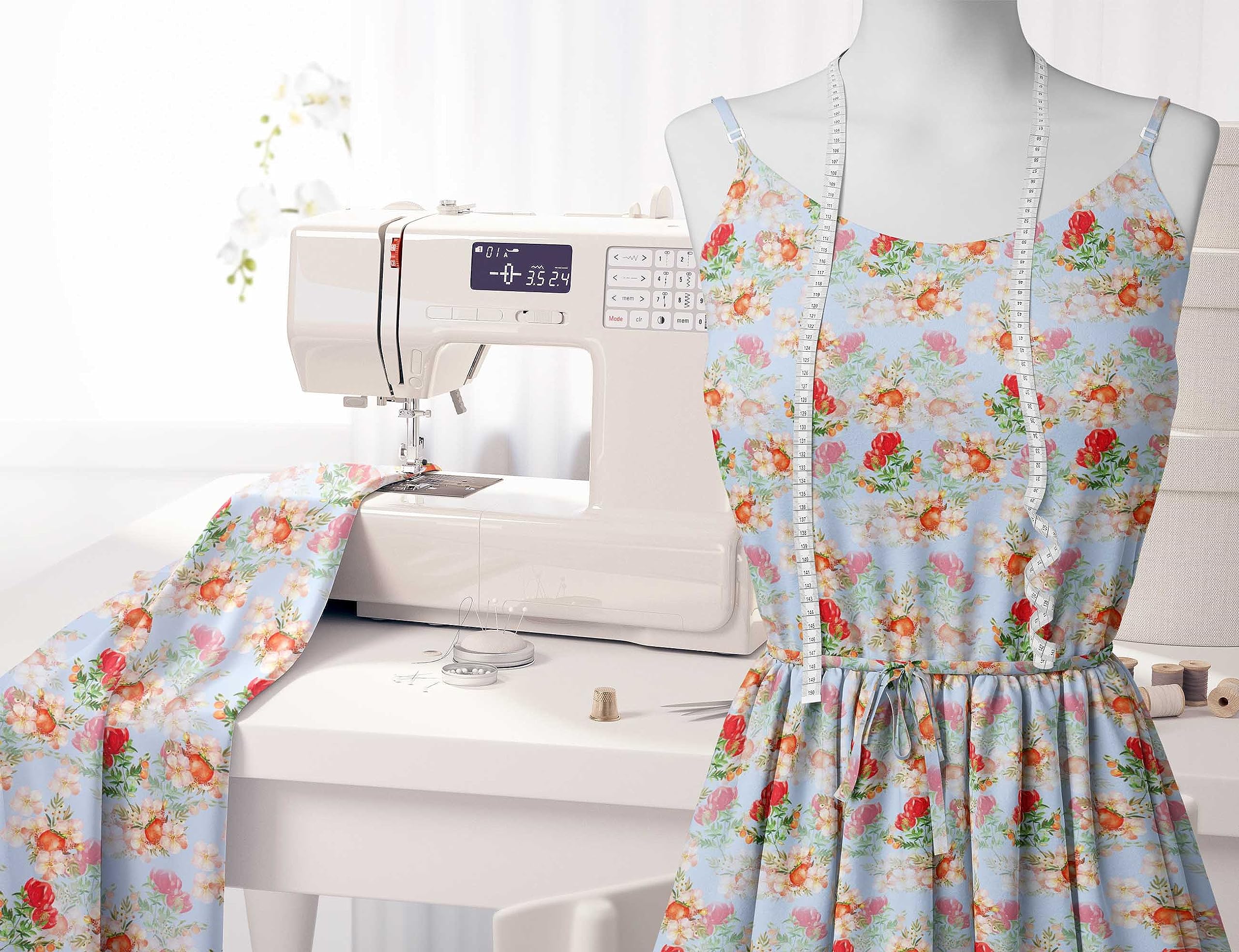 Soimoi Moss Georgette Blue Floral Fabric by The Yard - 42 Inch Wide Printed Fabric for Dresses, Scarves & DIY Crafts - Vibrant Tomato & Flower Design Fashion Material