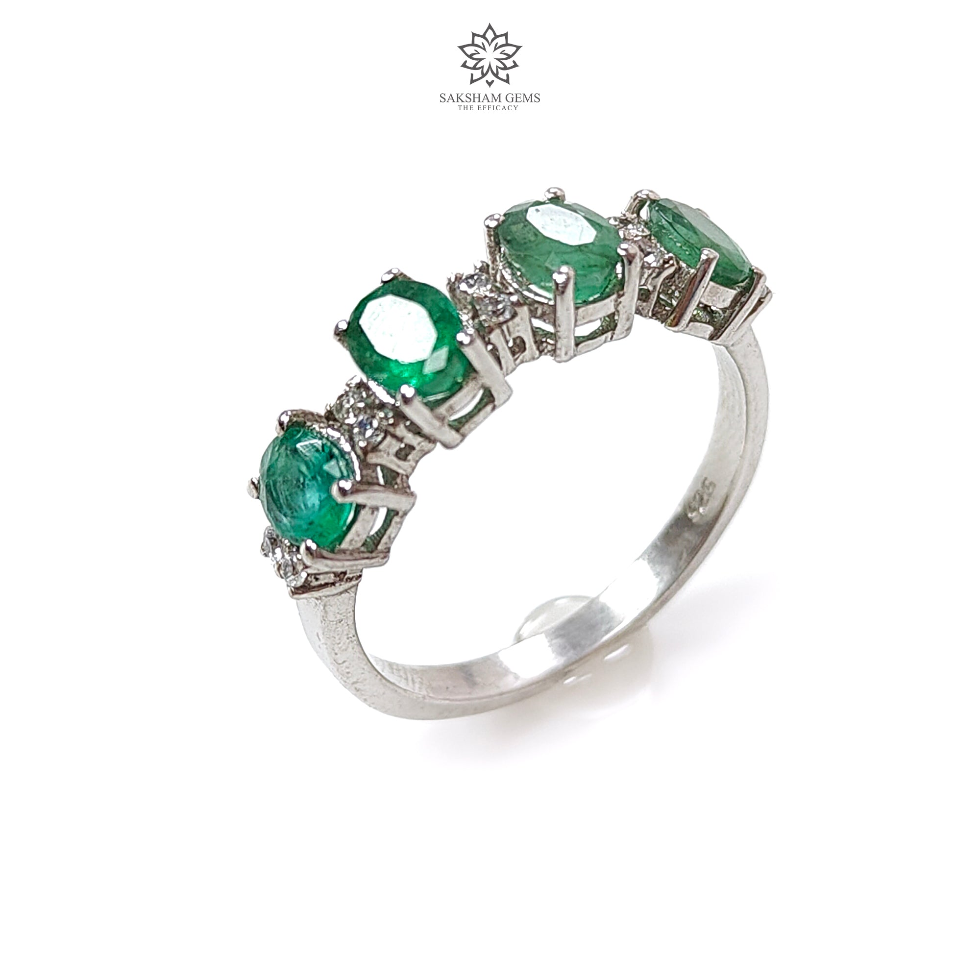 Natural Untreated Emerald Oval Faceted Cut 925 Sterling Silver Ring with CZ Prongs - Size 7.5 US (2.59g) | Elegant Jewelry for Women, Perfect Gift for Anniversary, Birthday & Special Occasions