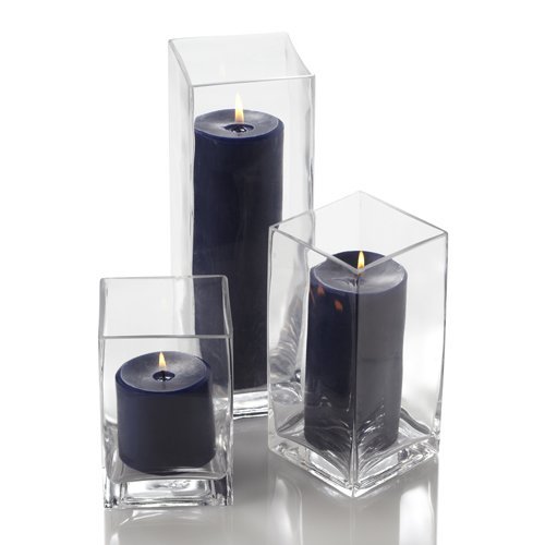 Richland Set of 18 Glass Eastland Square Vases & 18 Navy Blue Pillar Candles - Elegant Home Decor for Weddings, Centerpieces, and Table Settings