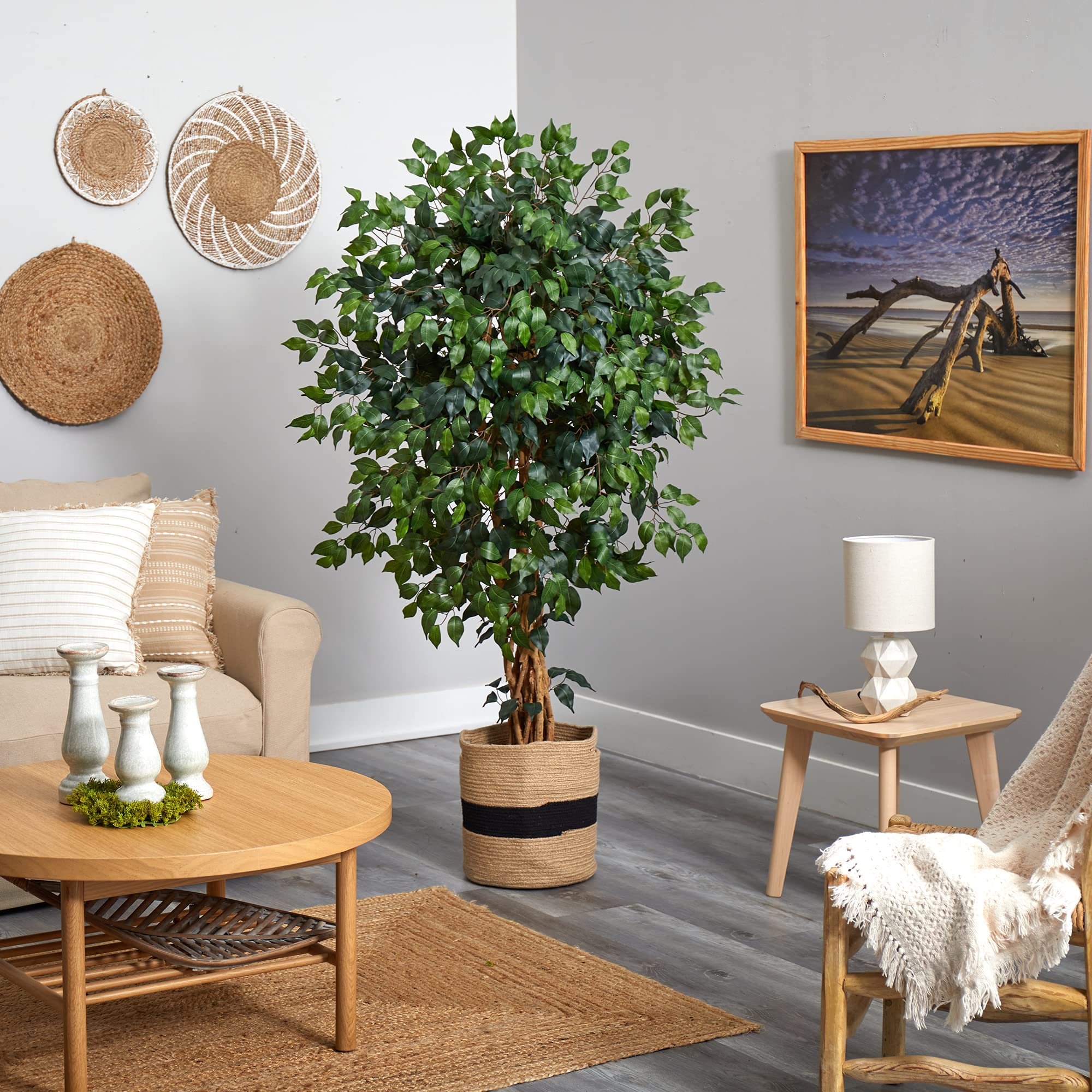Nearly Natural 5.5ft Artificial Ficus Tree - Realistic Silk Leaves in Handmade Cotton Planter - Perfect for Home Office Decor, Living Room & Indoor Greenery