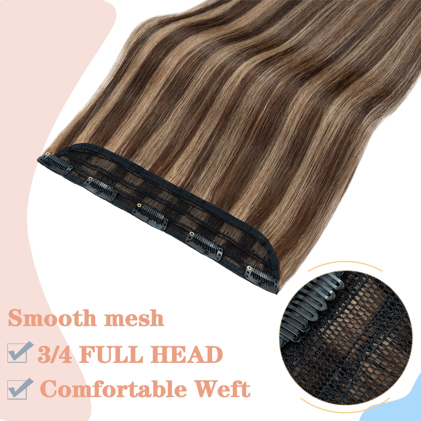 S-noilite Clip in Human Hair Extensions 100% Real Human Hair - Balayage Highlights, 20 Inch, 95g (#4/27 Medium Brown/Dark Blonde) - 5 Clips for Full Head Coverage & Natural Volume - Perfect for Daily Styling, Parties & Special Occasions