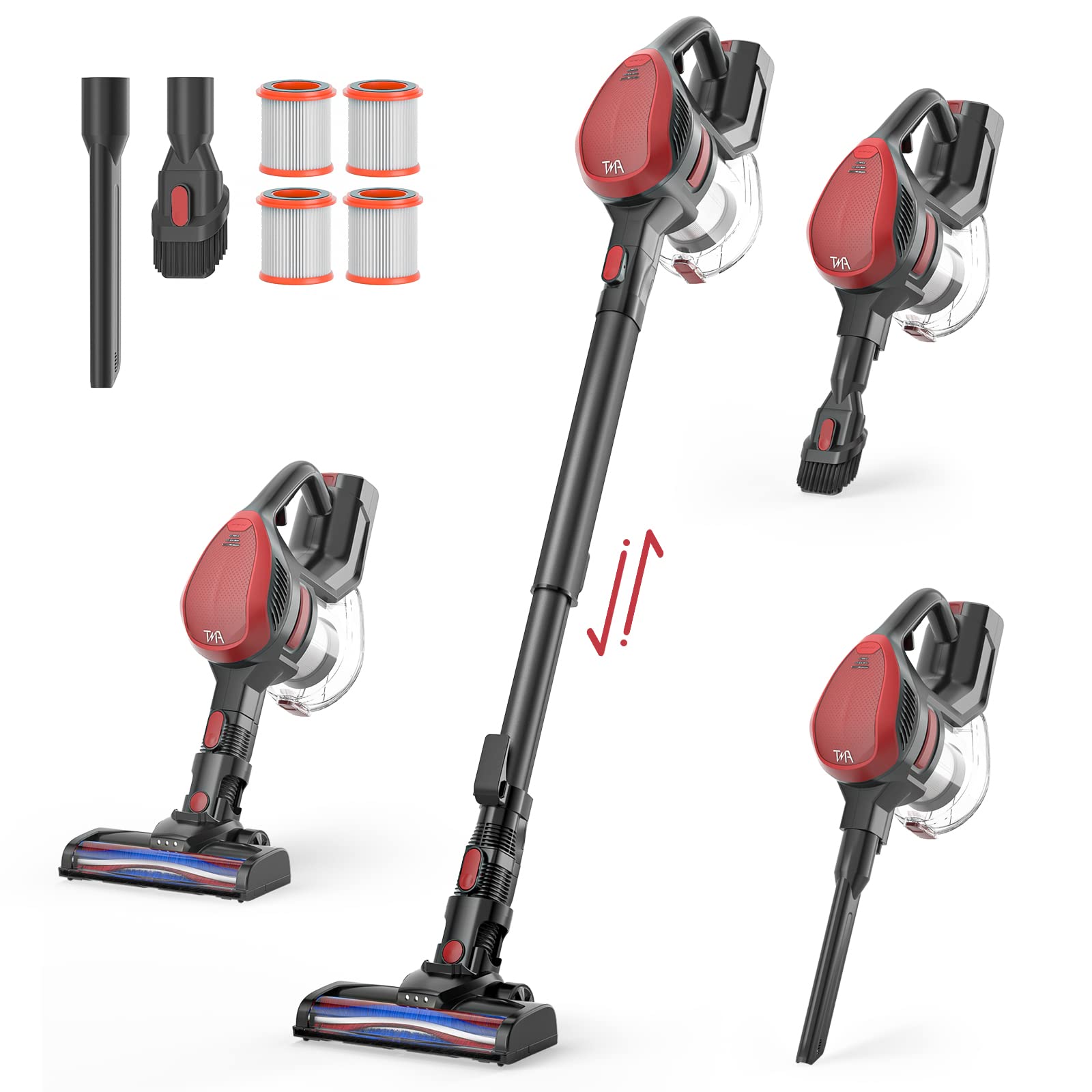 6-in-1 Cordless Stick Vacuum Cleaner with 2200mAh Battery | Powerful Suction TMA T121 | Lightweight Handheld Vacuum for Hard Floors & Pet Hair | 4 HEPA Filters & LED Brush | Perfect for Quick Cleanups & Pet Owners