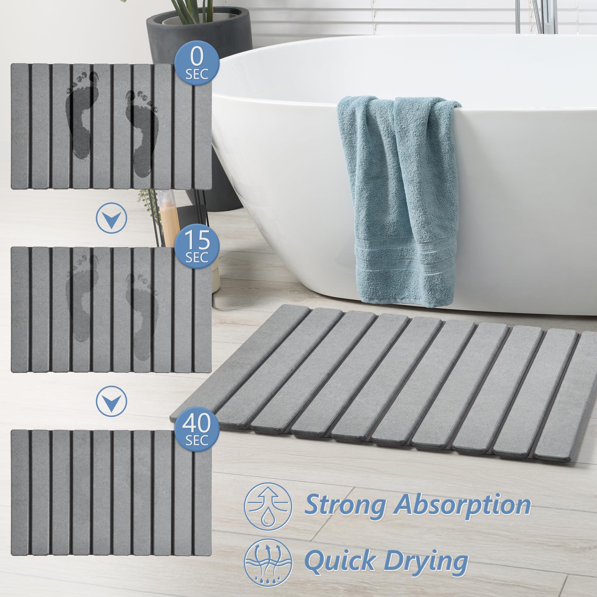 **AWW Foldable Stone Bath Mat - Super Absorbent Diatomaceous Earth Bathroom Mat, Non-Slip Quick Drying Shower Mat, Compact & Easy to Store for Small Spaces - Easy to Clean Grey Bath Mat for Spa, Bathroom & Poolside**