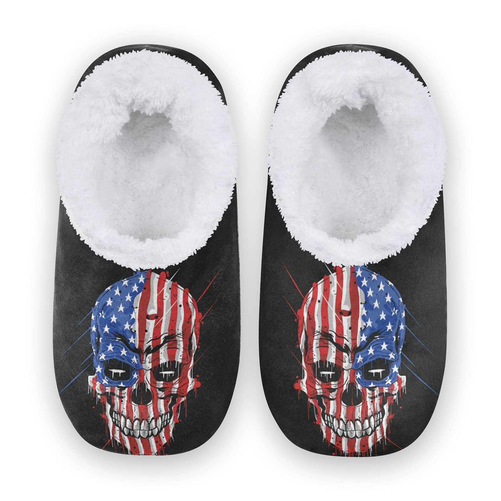 USA Flag Skull Slippers for Women & Men - Soft Cozy Fuzzy House Shoes with Non-Skid Sole for Home, Indoor & Office Wear - Perfect for Relaxing, Lounging & Holiday Gifts