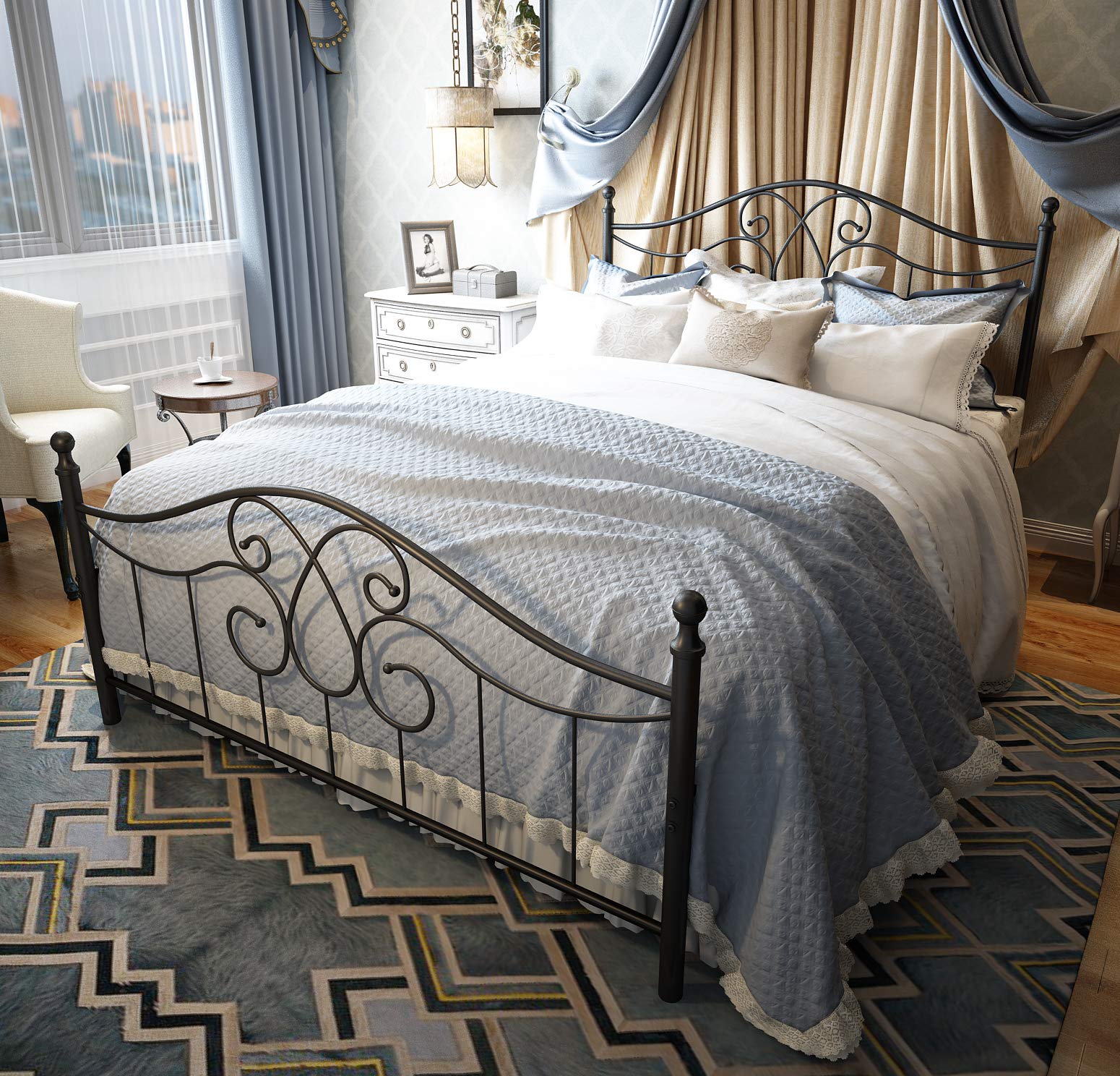 Vintage Sturdy Metal Bed Frame Queen Size - Heavy Duty Steel Platform Base with Vintage Headboard & Footboard, No Box Spring Needed (Queen, Black) - Perfect for Bedroom, Guest Room, Dorm & Apartment Decor